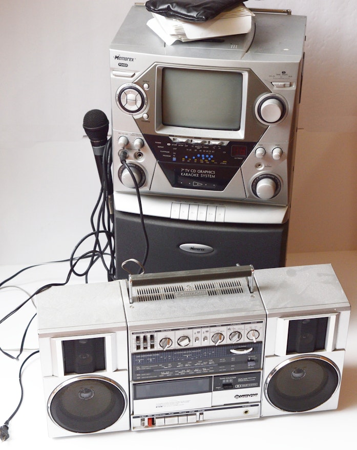 Memorex Karaoke Machine with CDs, and Hitachi Boombox