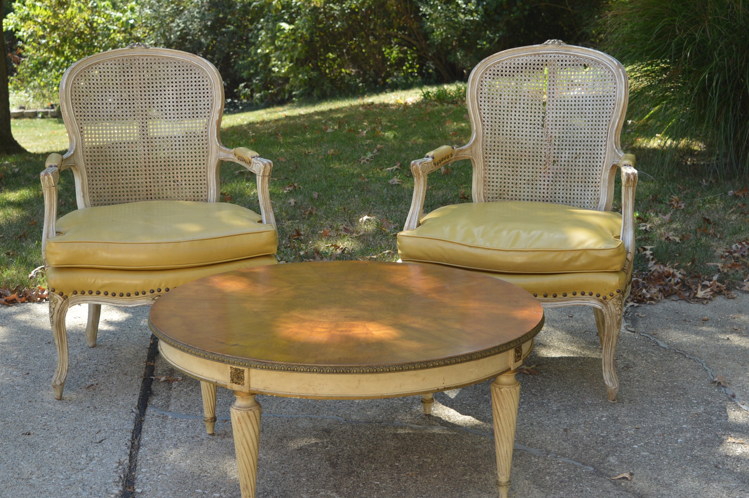 Pair of Vintage Cane Back Chairs and Cocktail Table