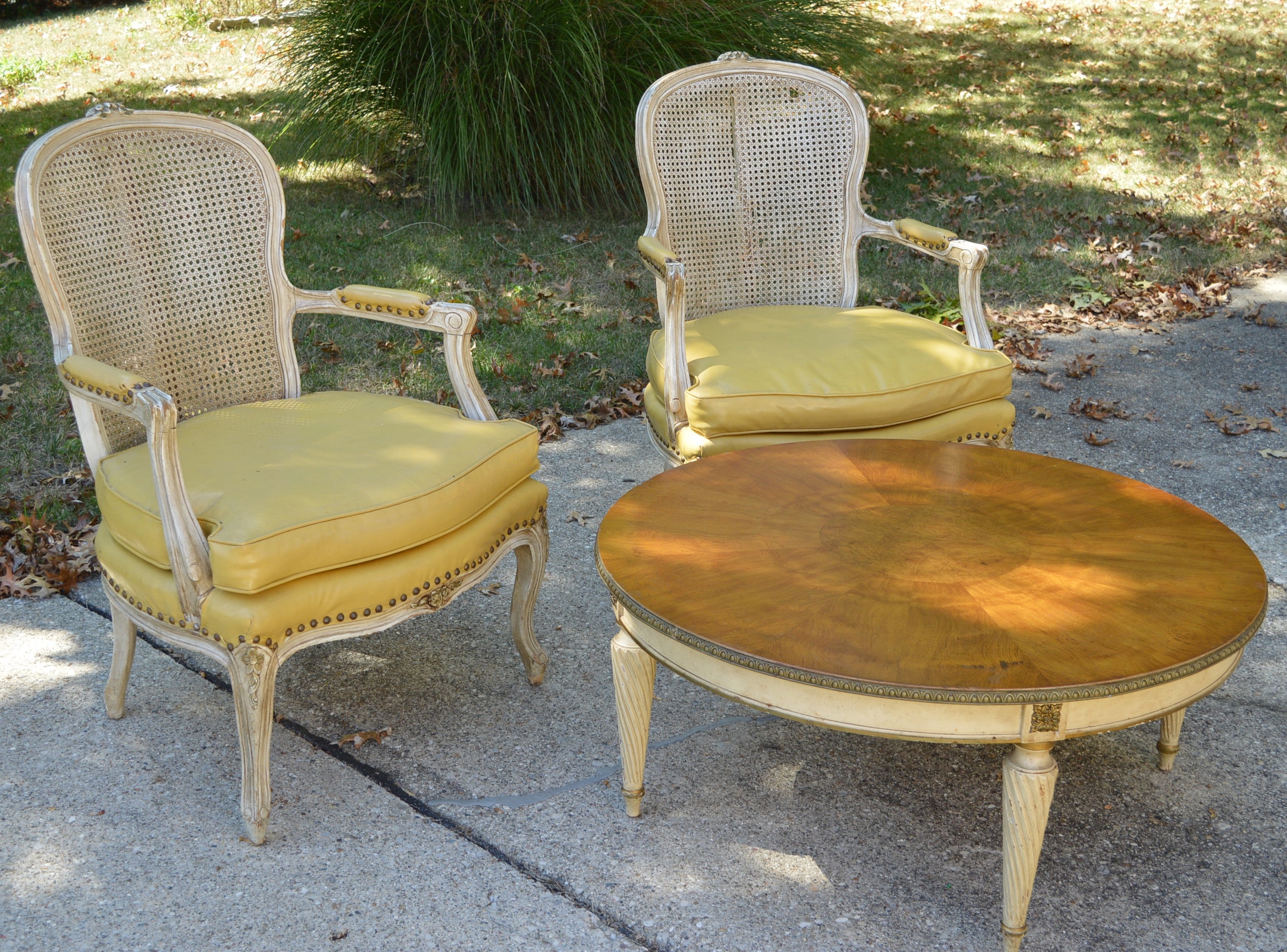 Pair of Vintage Cane Back Chairs and Cocktail Table