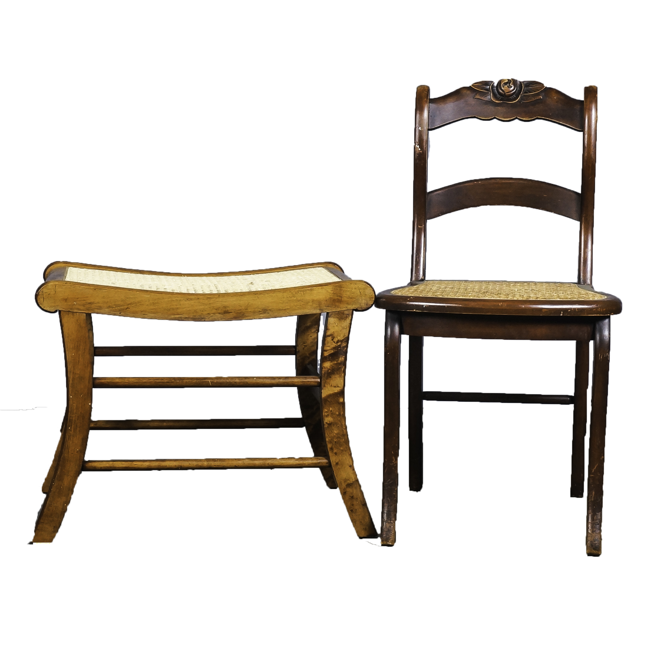 Vintage Caned Stool and Rose-Carved Side Chair