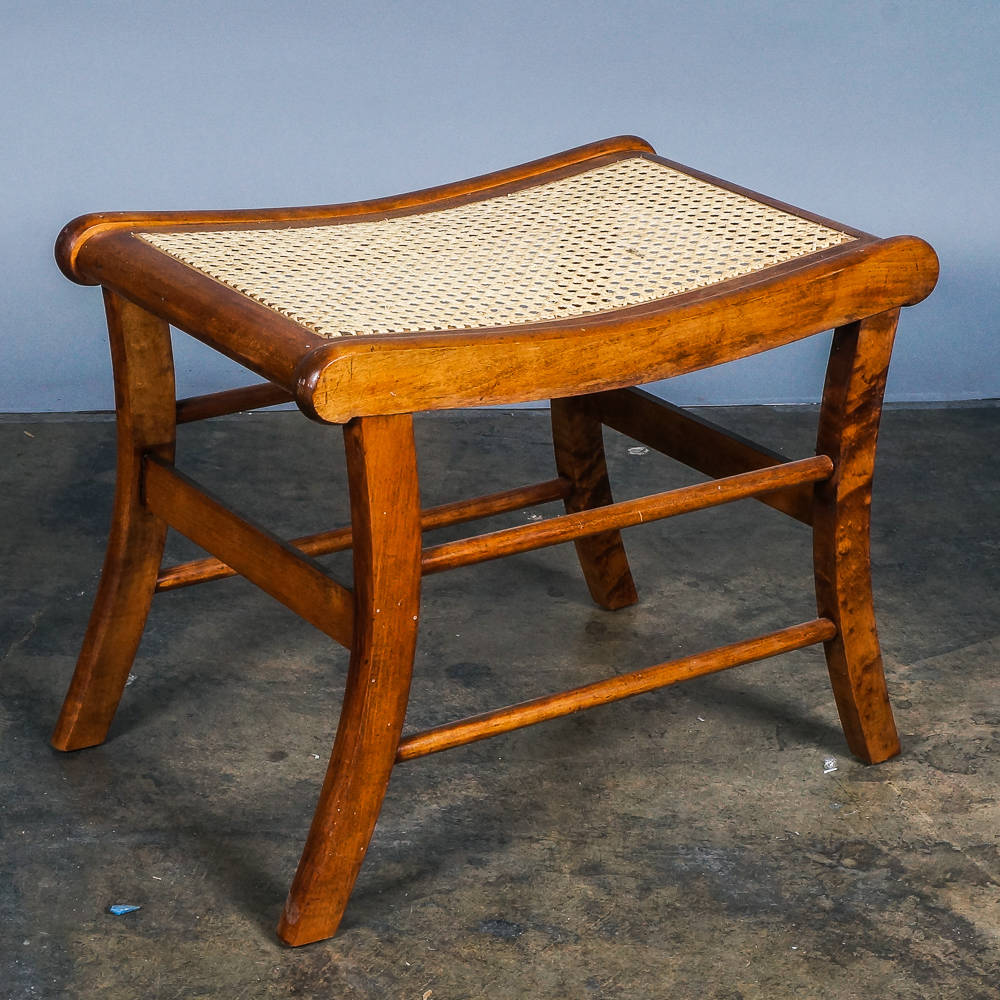 Vintage Caned Stool and Rose-Carved Side Chair