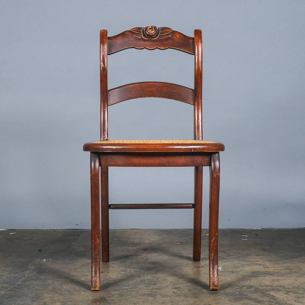 Vintage Caned Stool and Rose-Carved Side Chair