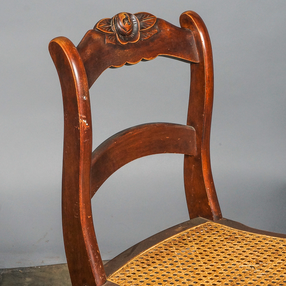 Vintage Caned Stool and Rose-Carved Side Chair