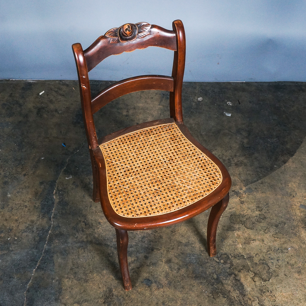 Vintage Caned Stool and Rose-Carved Side Chair