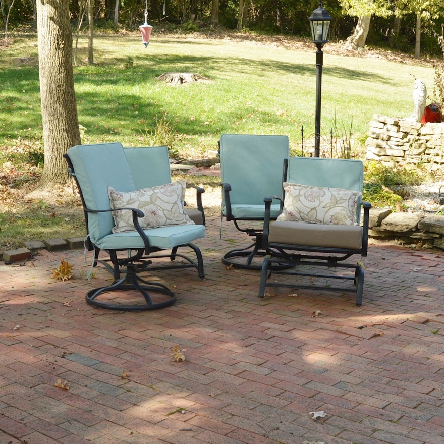 Two Swivel and Two Rocker Patio Chairs with Smith & Hawken Cushions