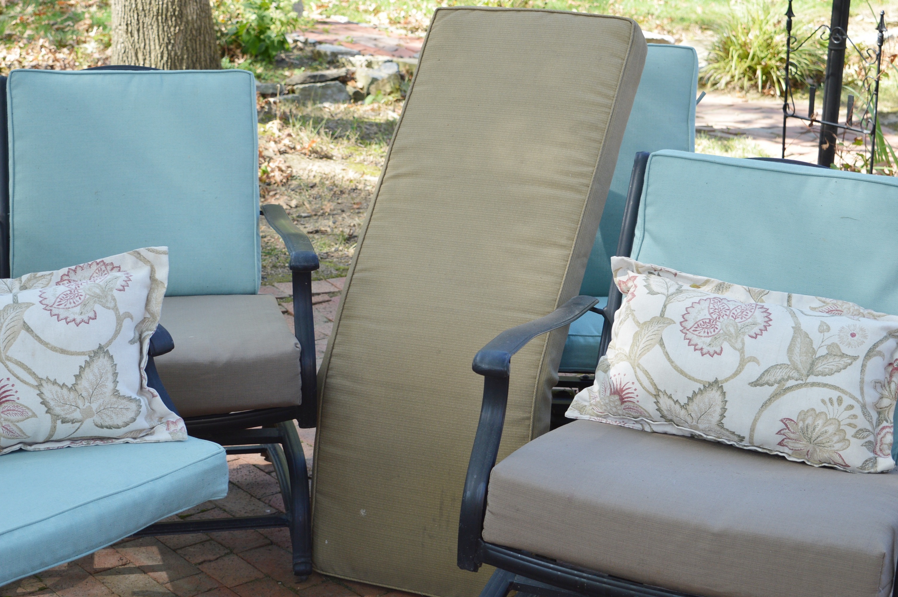 Two Swivel and Two Rocker Patio Chairs with Smith & Hawken Cushions