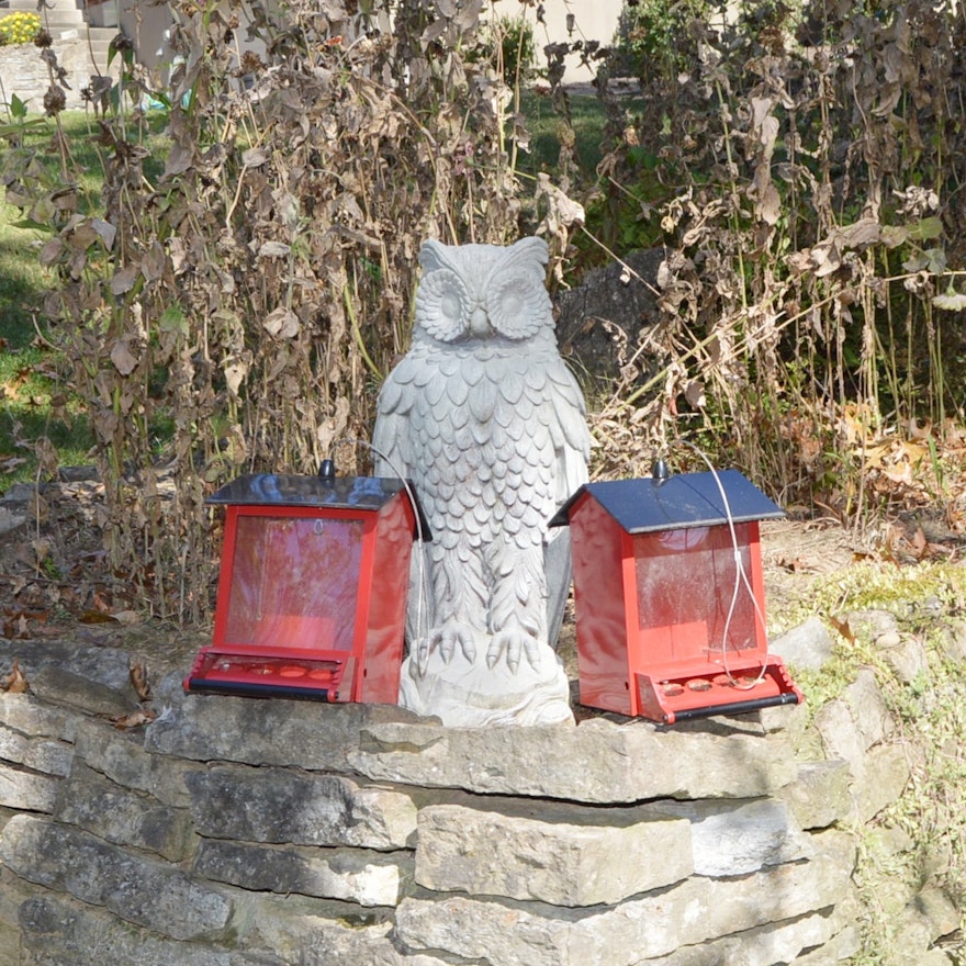 Concrete Owl and Pair of Metal Bird Feeders
