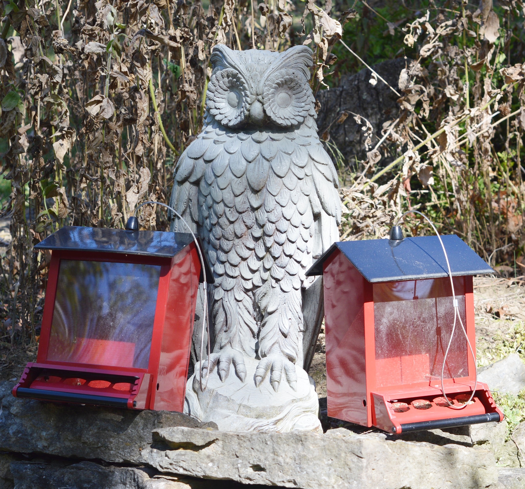Concrete Owl and Pair of Metal Bird Feeders