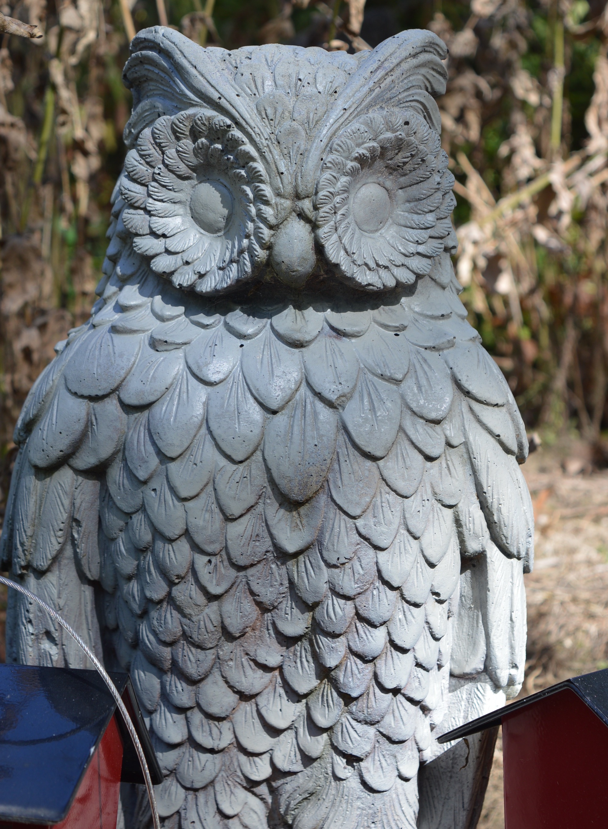 Concrete Owl and Pair of Metal Bird Feeders