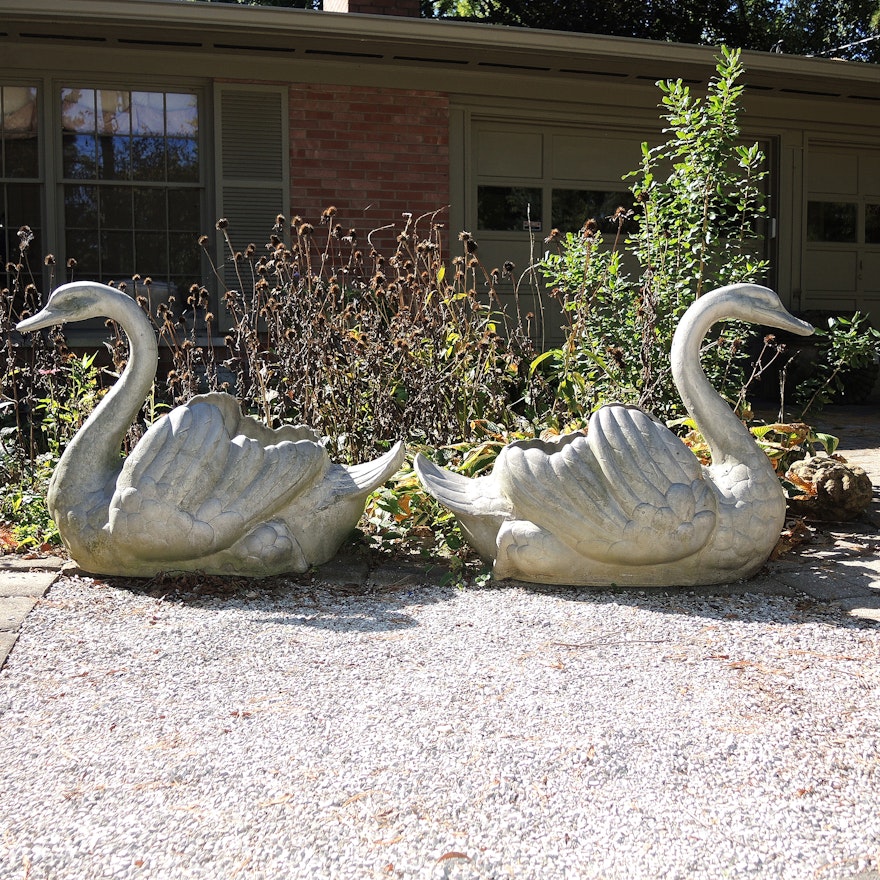Pair of Cast Metal Garden Swan Planters