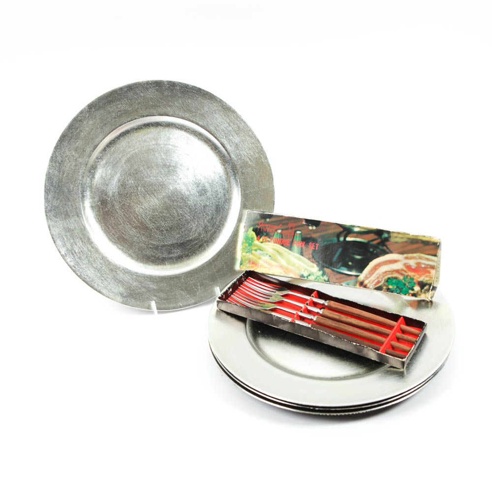 Danish Modern-Style Fondue Fork Set  and Charger Plates