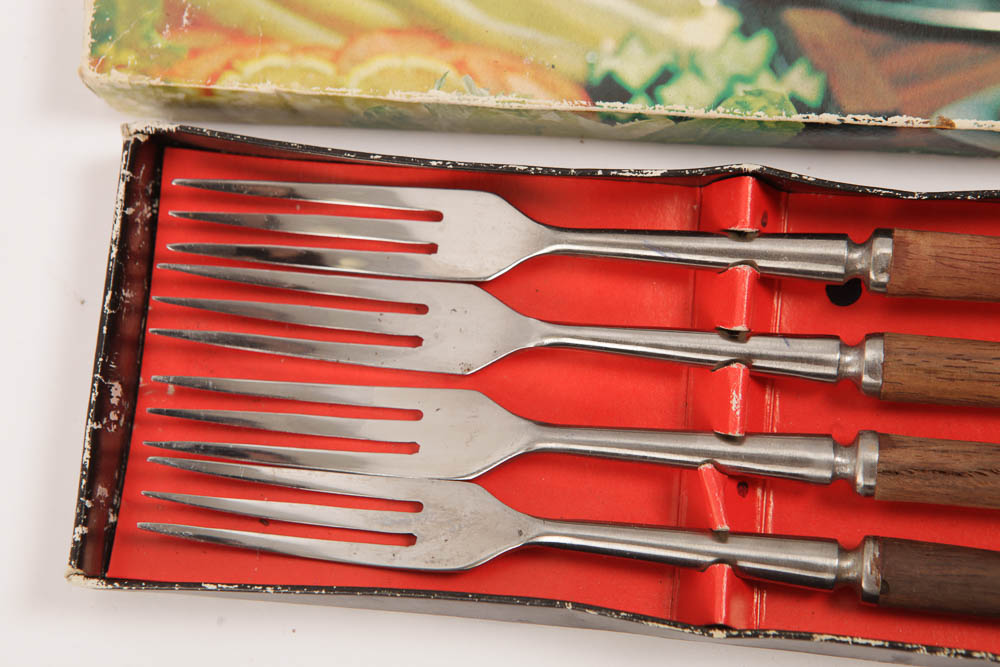 Danish Modern-Style Fondue Fork Set  and Charger Plates