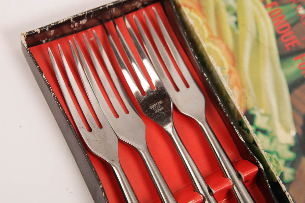 Danish Modern-Style Fondue Fork Set  and Charger Plates