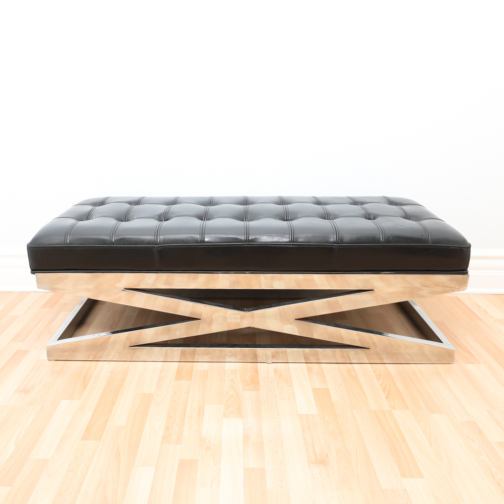 Contemporary Modern Black Leather Bench On Stainless Steel Base