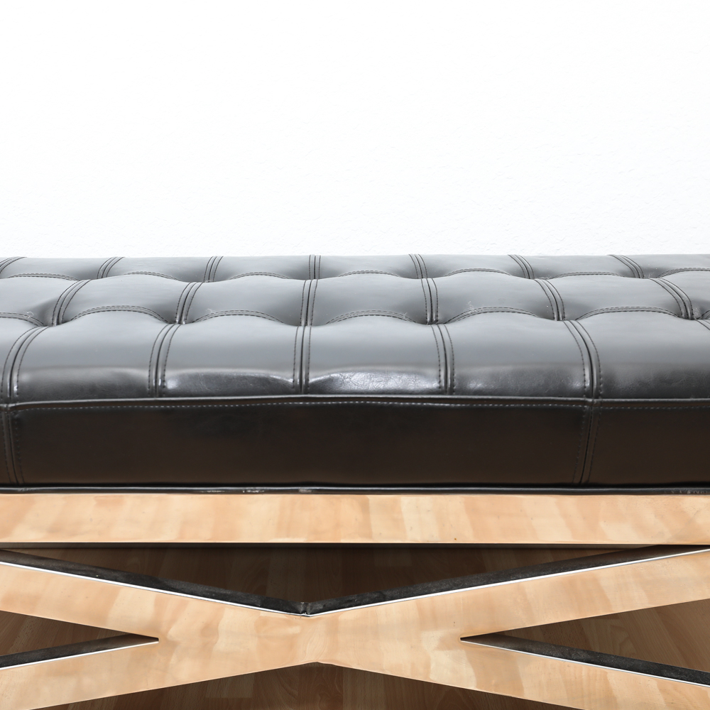 Contemporary Modern Black Leather Bench On Stainless Steel Base