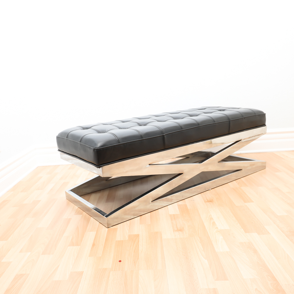Contemporary Modern Black Leather Bench On Stainless Steel Base