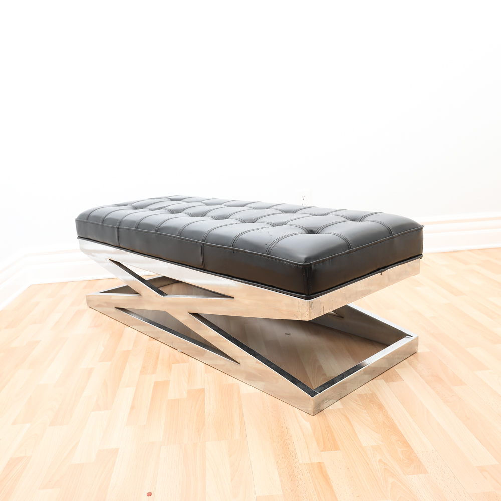 Contemporary Modern Black Leather Bench On Stainless Steel Base