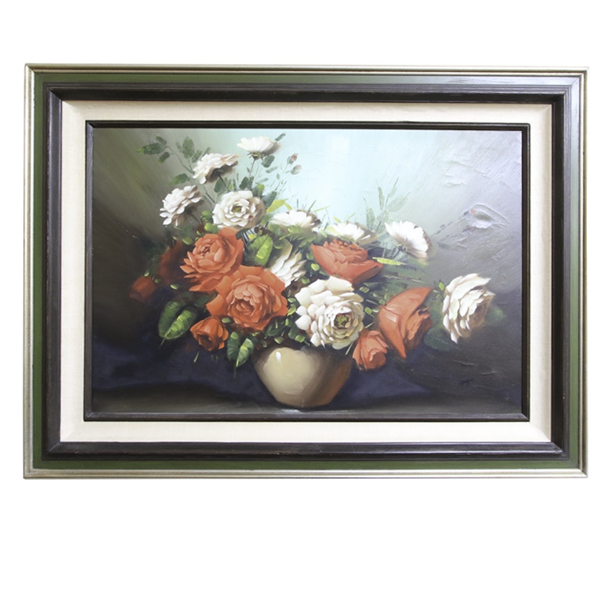 Oil on Canvas Still Life of Rose Bouquet