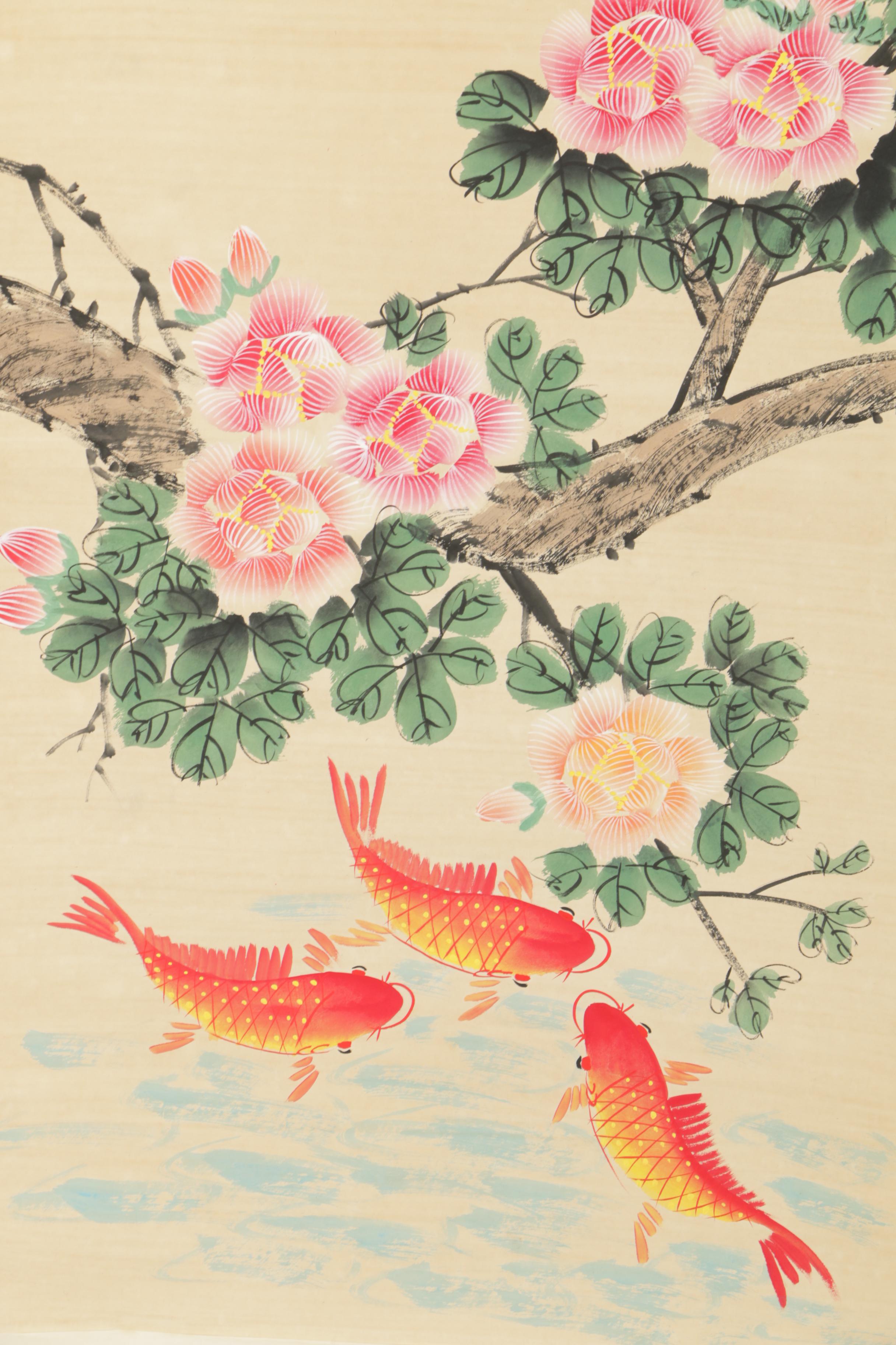 Chinese Hanging Scroll Gouache Painting of Koi Fish