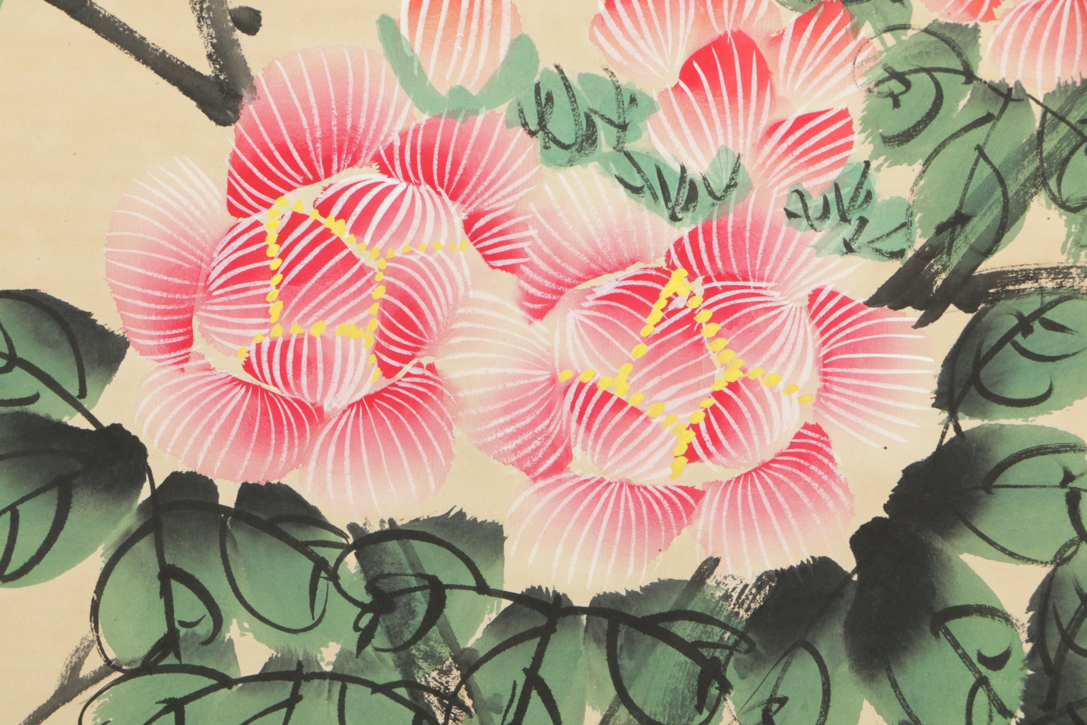 Chinese Hanging Scroll Gouache Painting of Koi Fish