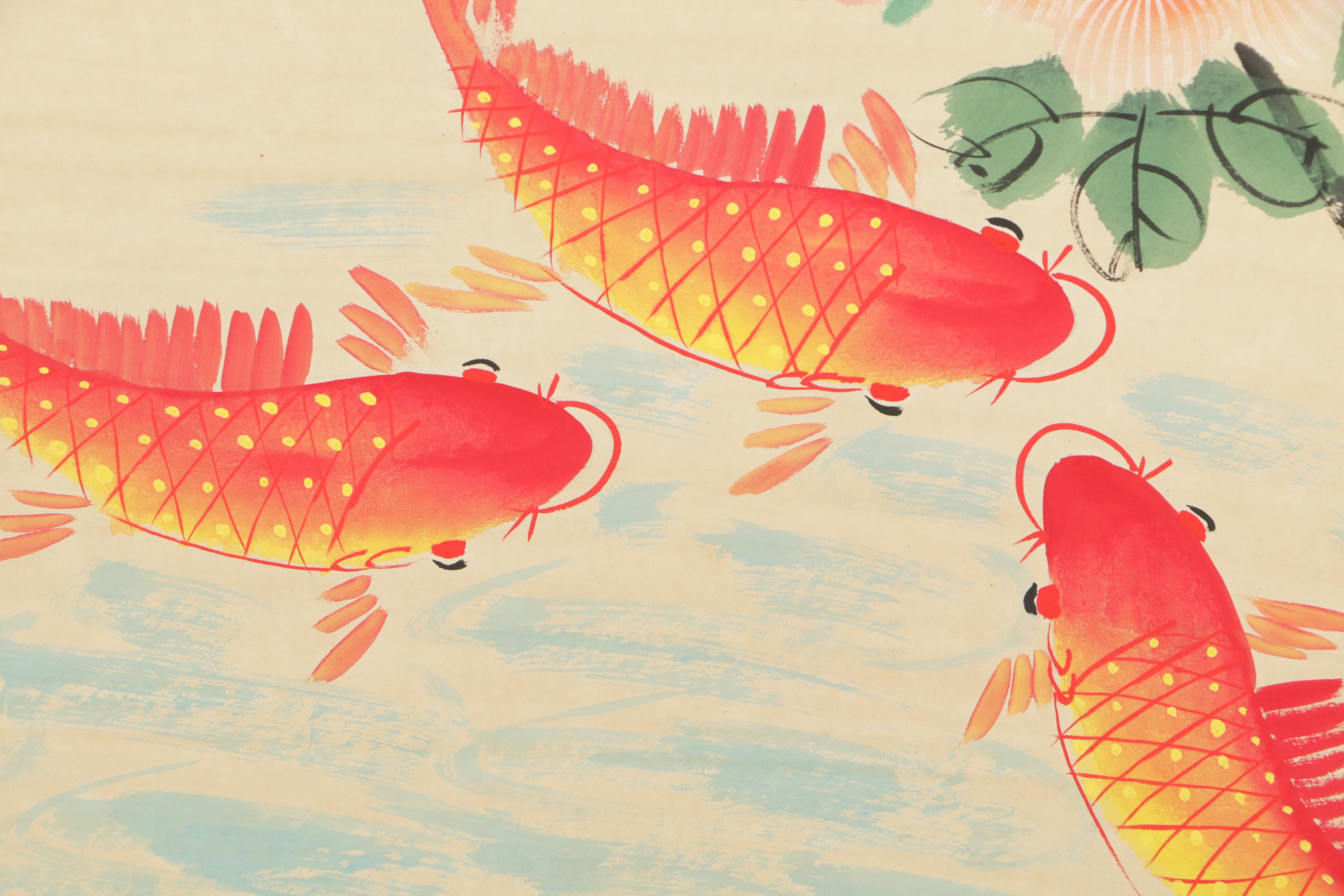 Chinese Hanging Scroll Gouache Painting of Koi Fish