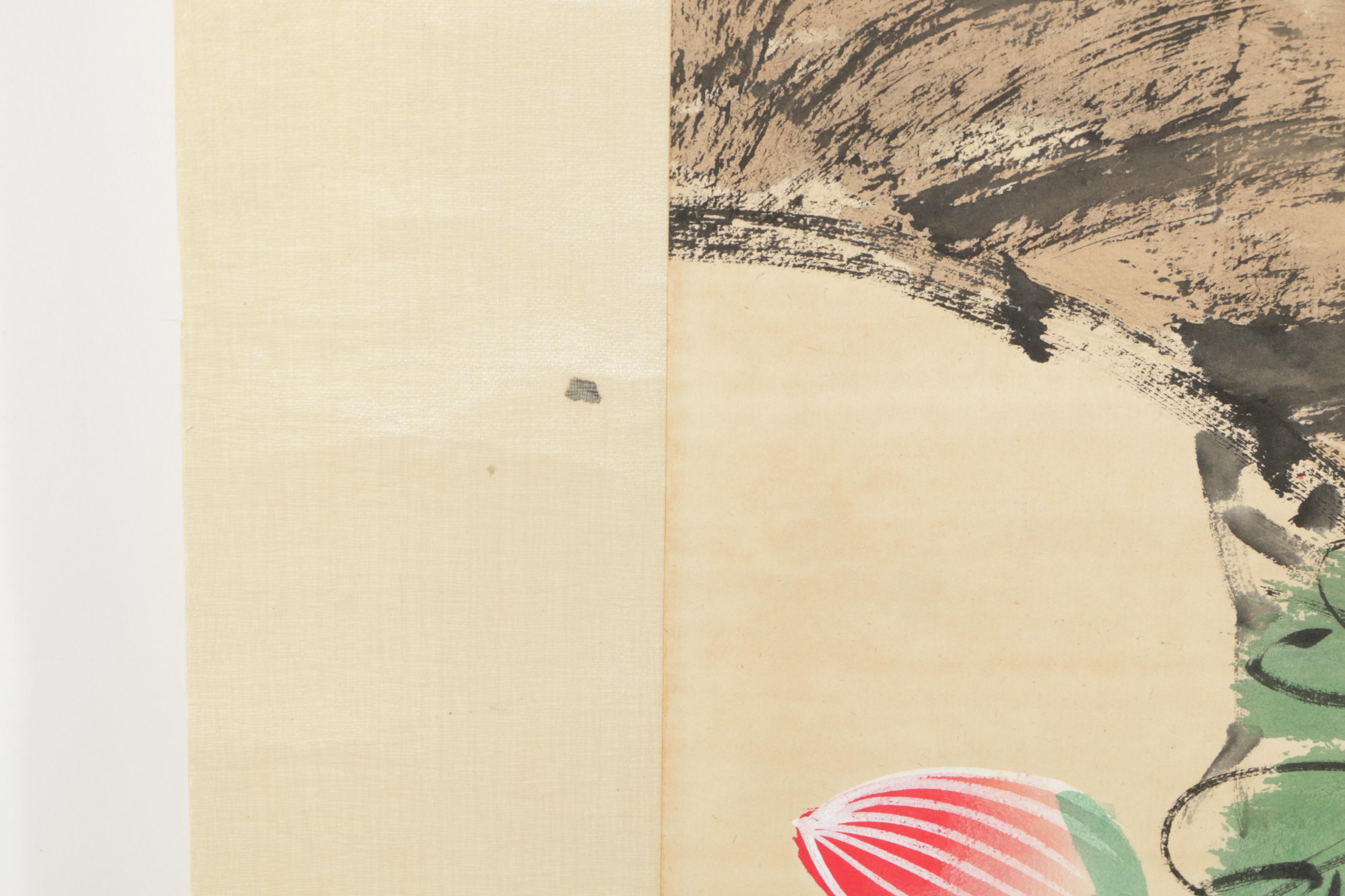 Chinese Hanging Scroll Gouache Painting of Koi Fish