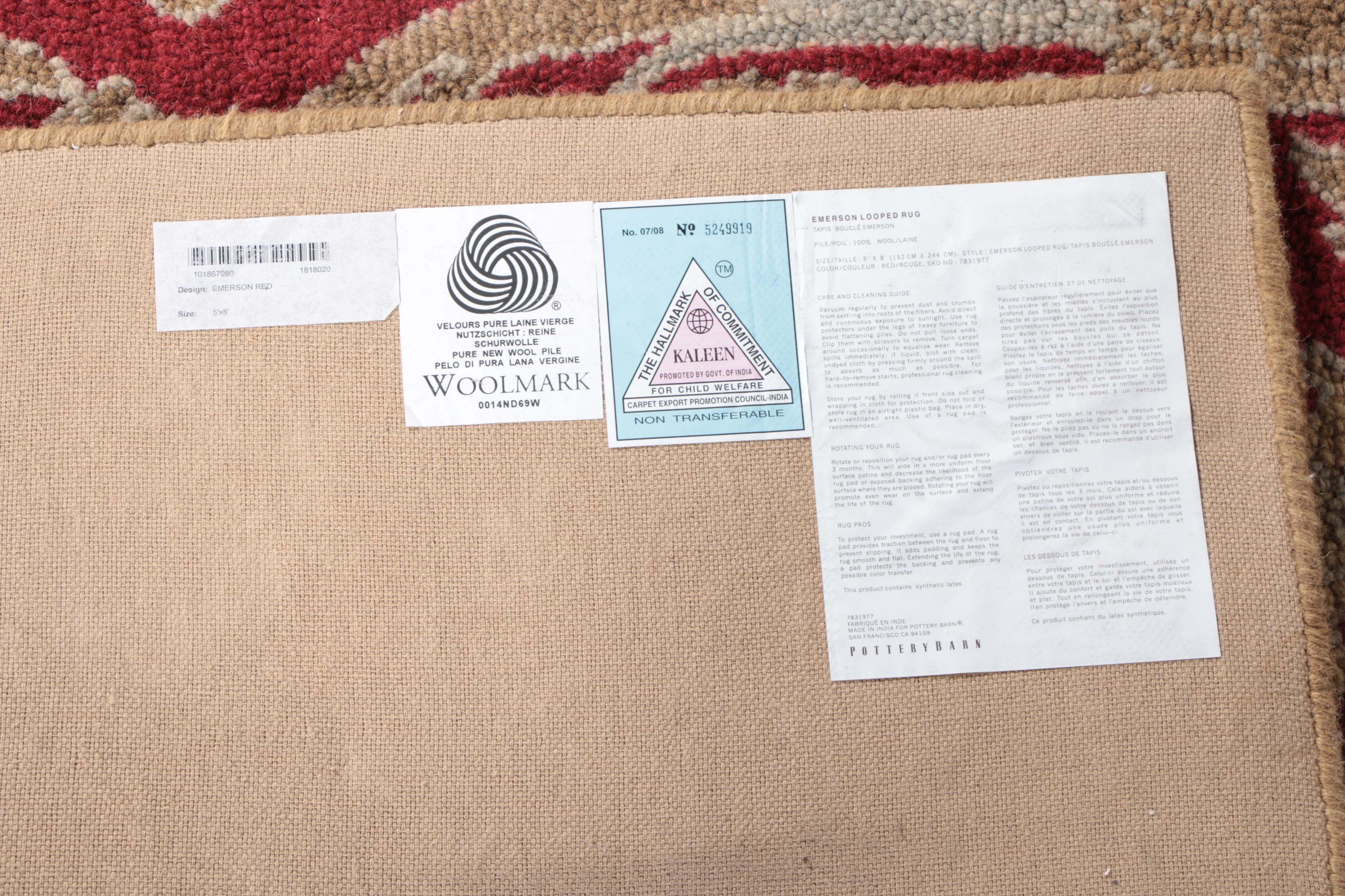 Machine Made Pottery Barn "Emerson" Area Rug