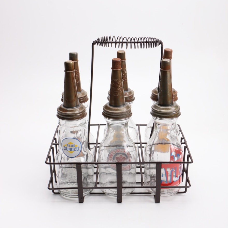 Vintage Motor Oil Bottles In Metal Carrying Case