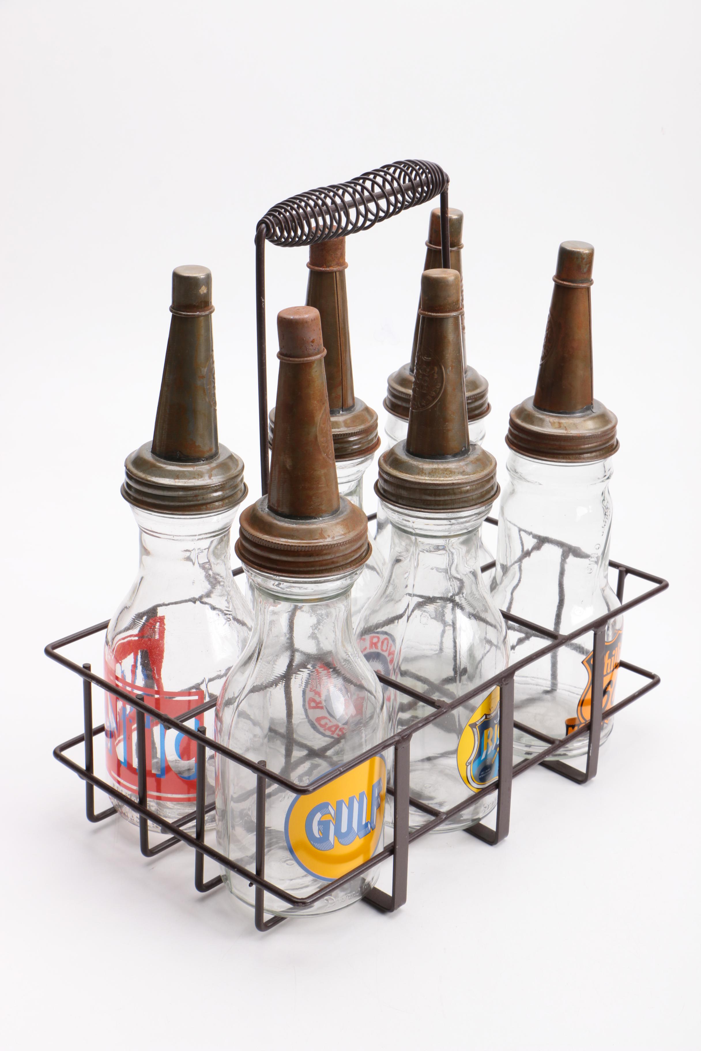 Vintage Motor Oil Bottles In Metal Carrying Case