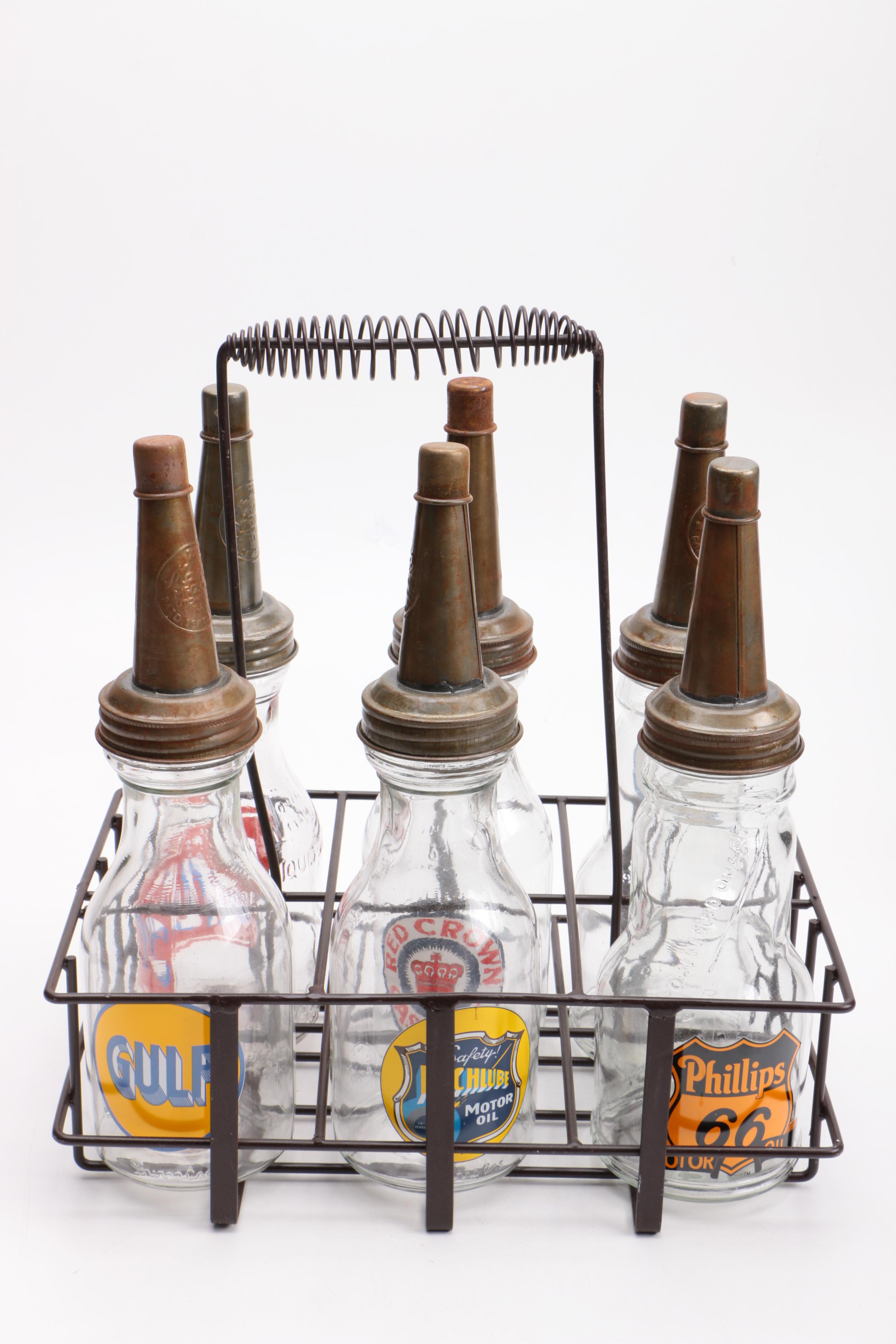 Vintage Motor Oil Bottles In Metal Carrying Case