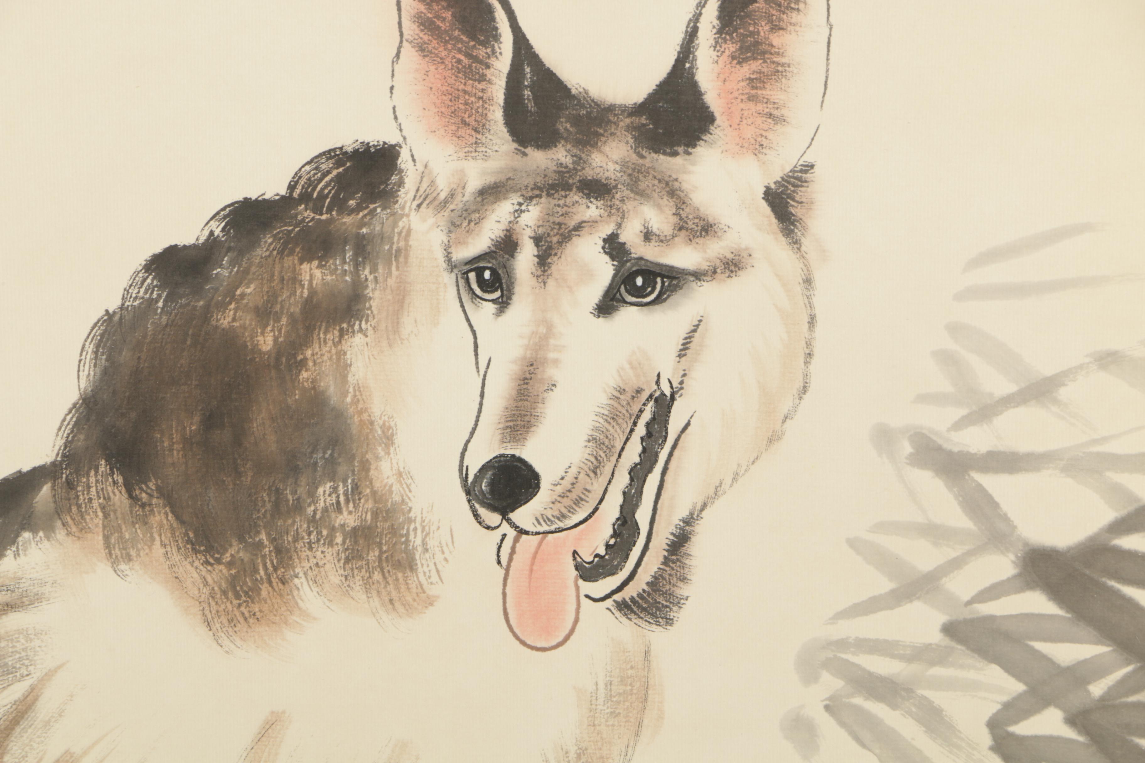 Chinese Watercolor Painting of Two Dogs on a Hanging Scroll Signed Zhang Shanzi