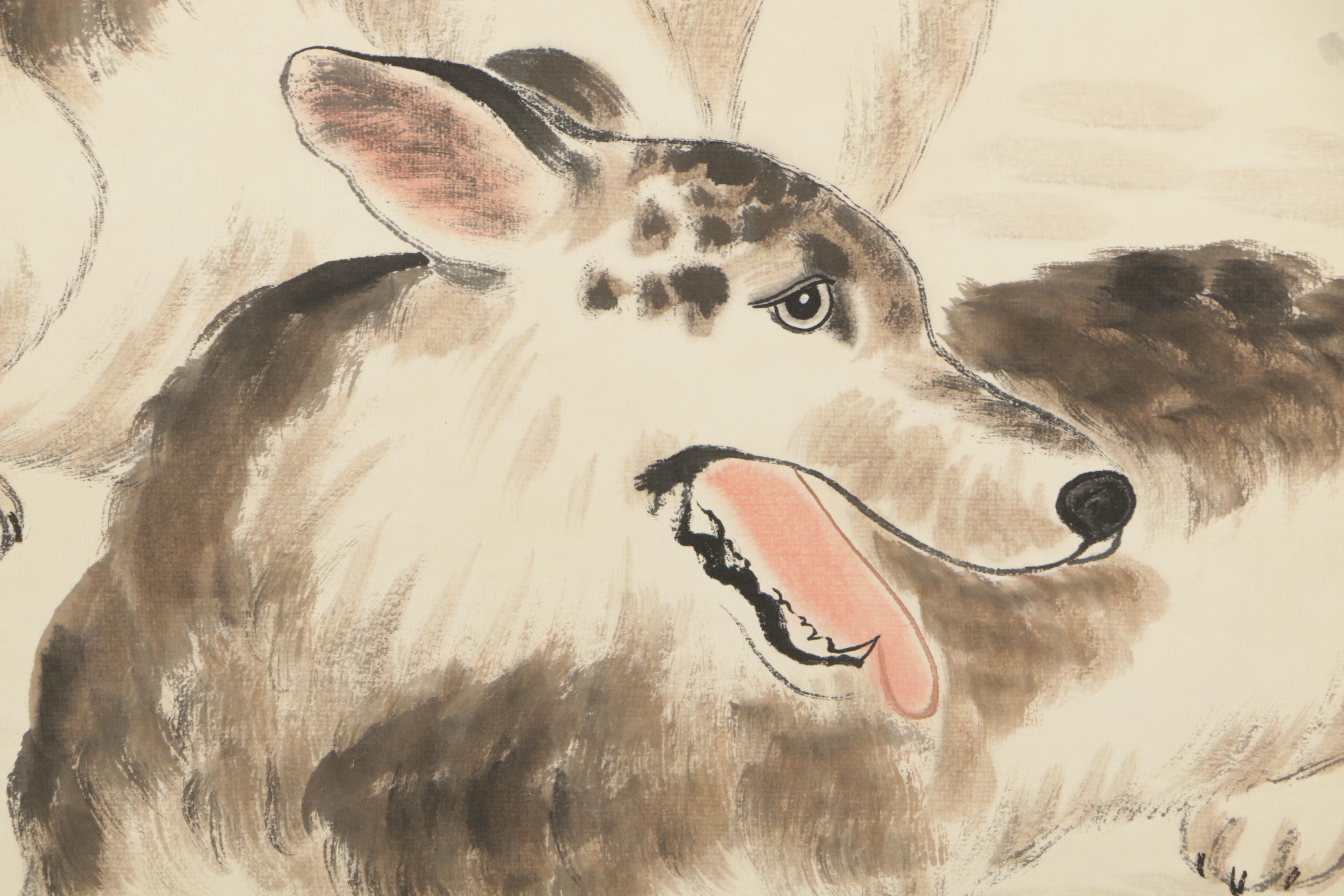 Chinese Watercolor Painting of Two Dogs on a Hanging Scroll Signed Zhang Shanzi