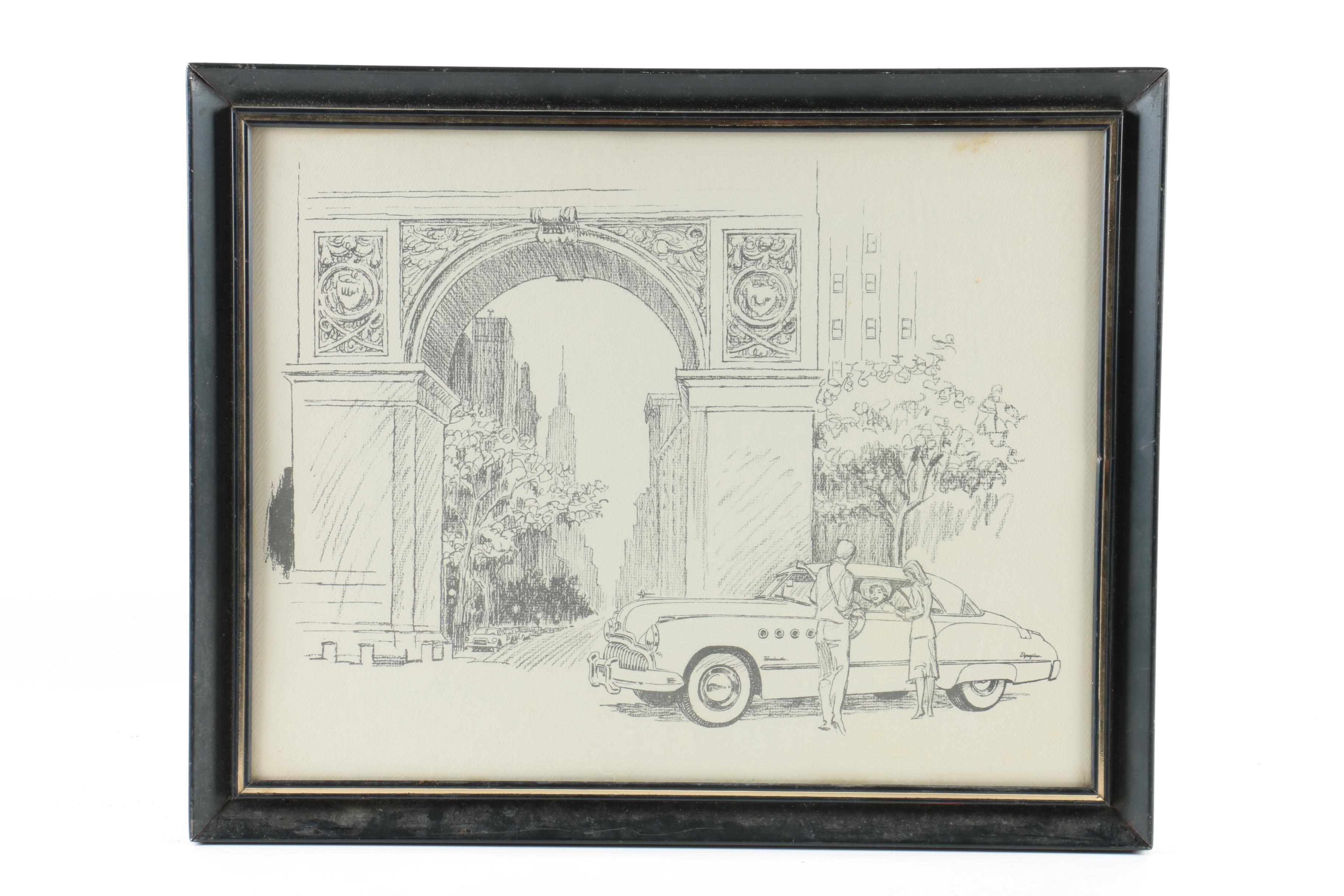 Pair Lithographs on Paper of Modern Car Scenes