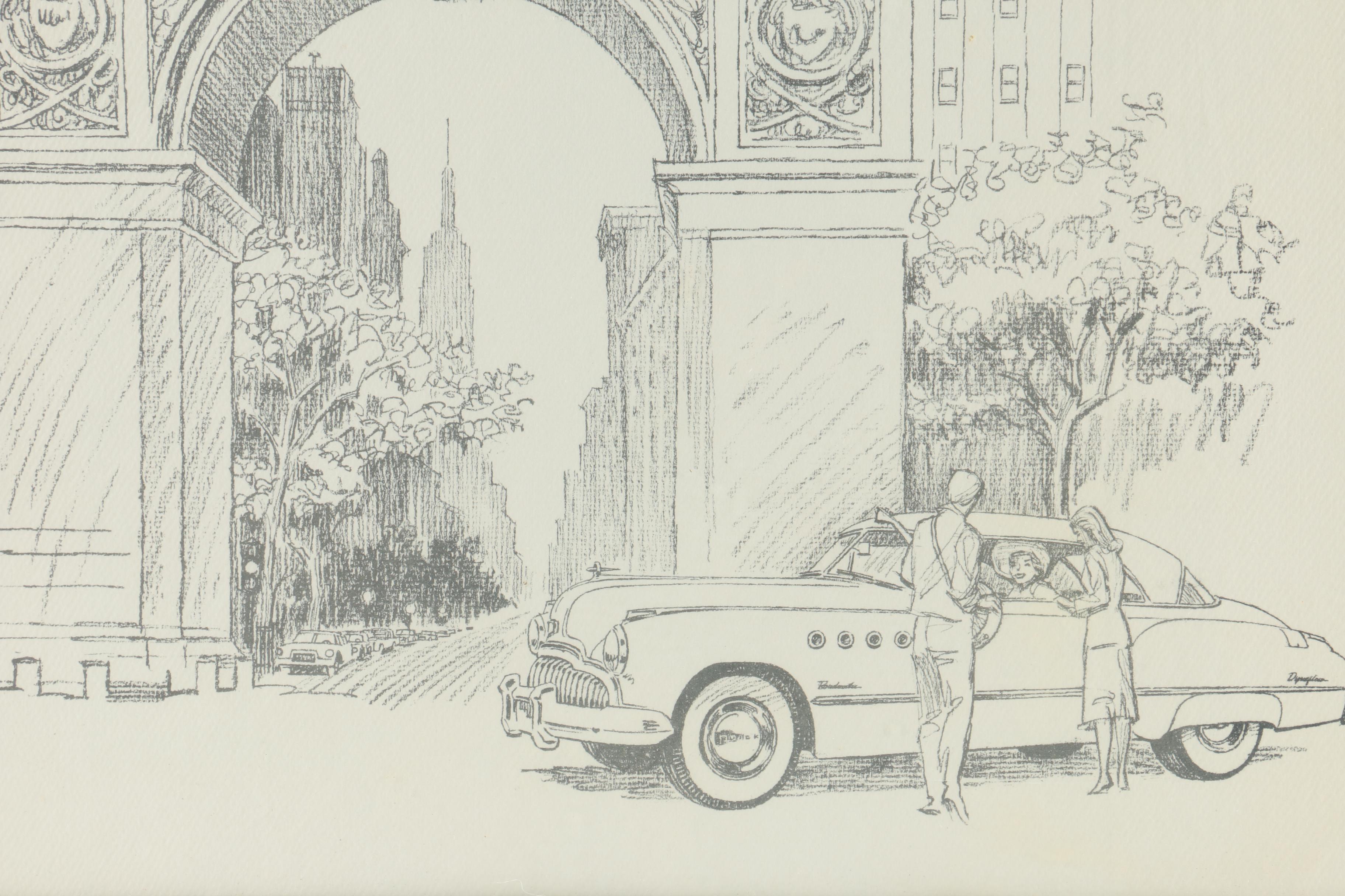 Pair Lithographs on Paper of Modern Car Scenes