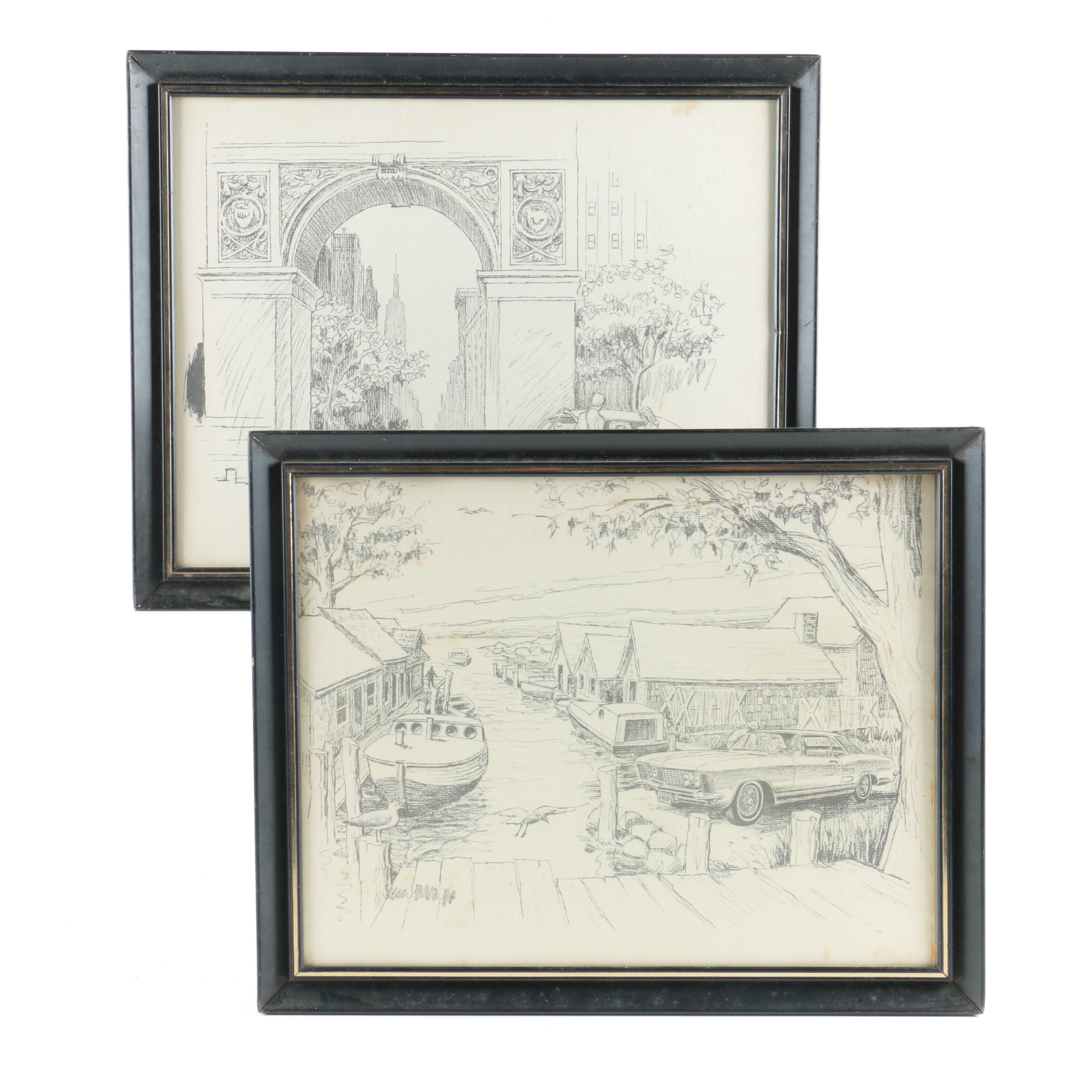 Pair Lithographs on Paper of Modern Car Scenes