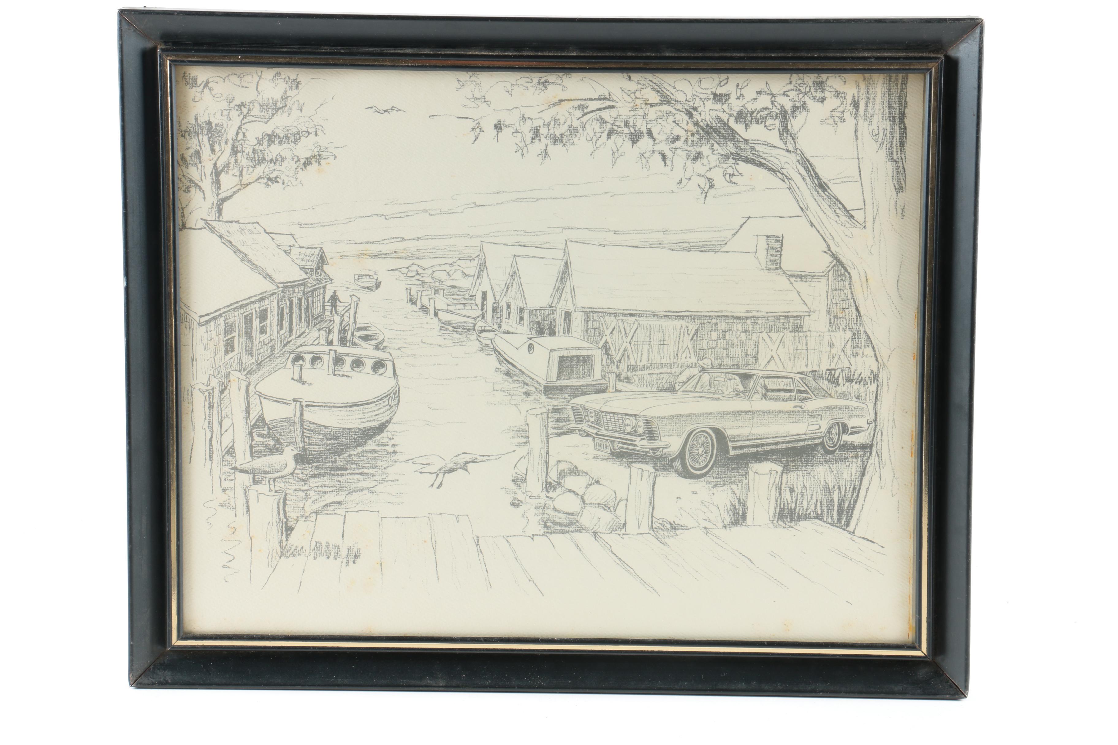 Pair Lithographs on Paper of Modern Car Scenes