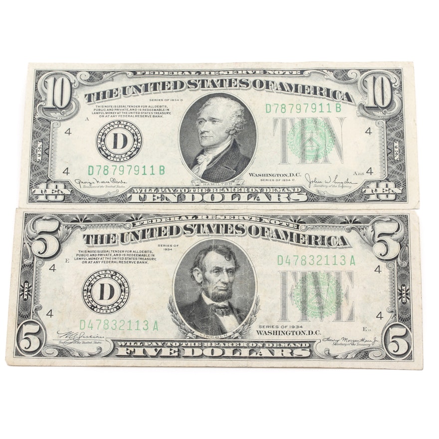 Group of Two U.S. Currency Notes Including a 1934 D $10 Federal Reserve Note