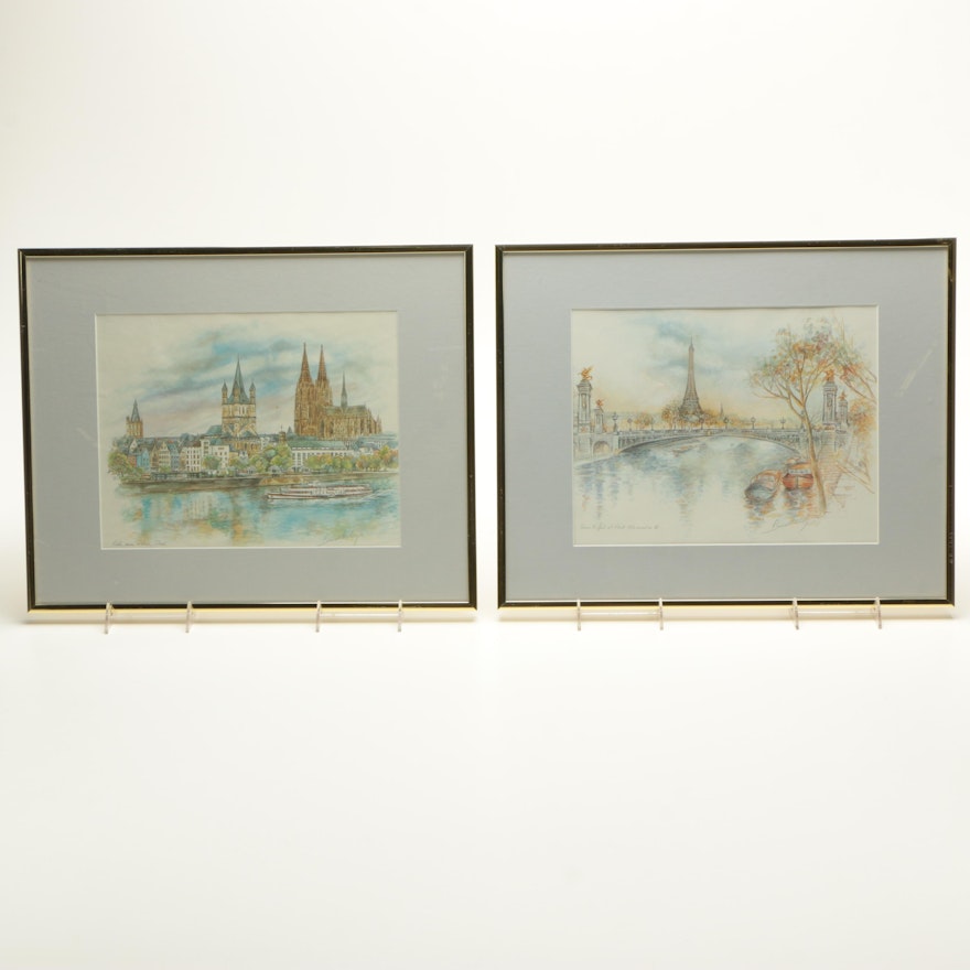 Bernadette Loy Offset Lithographs of Paris and Cologne