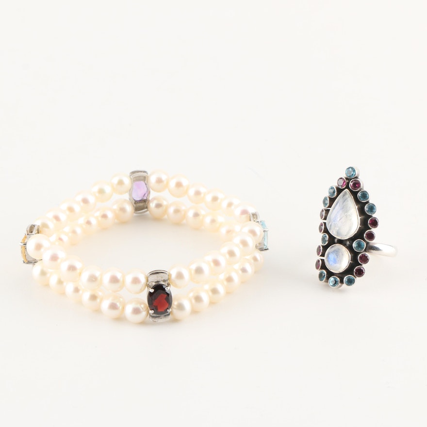 Sterling Silver Bracelet and Ring with Gemstones