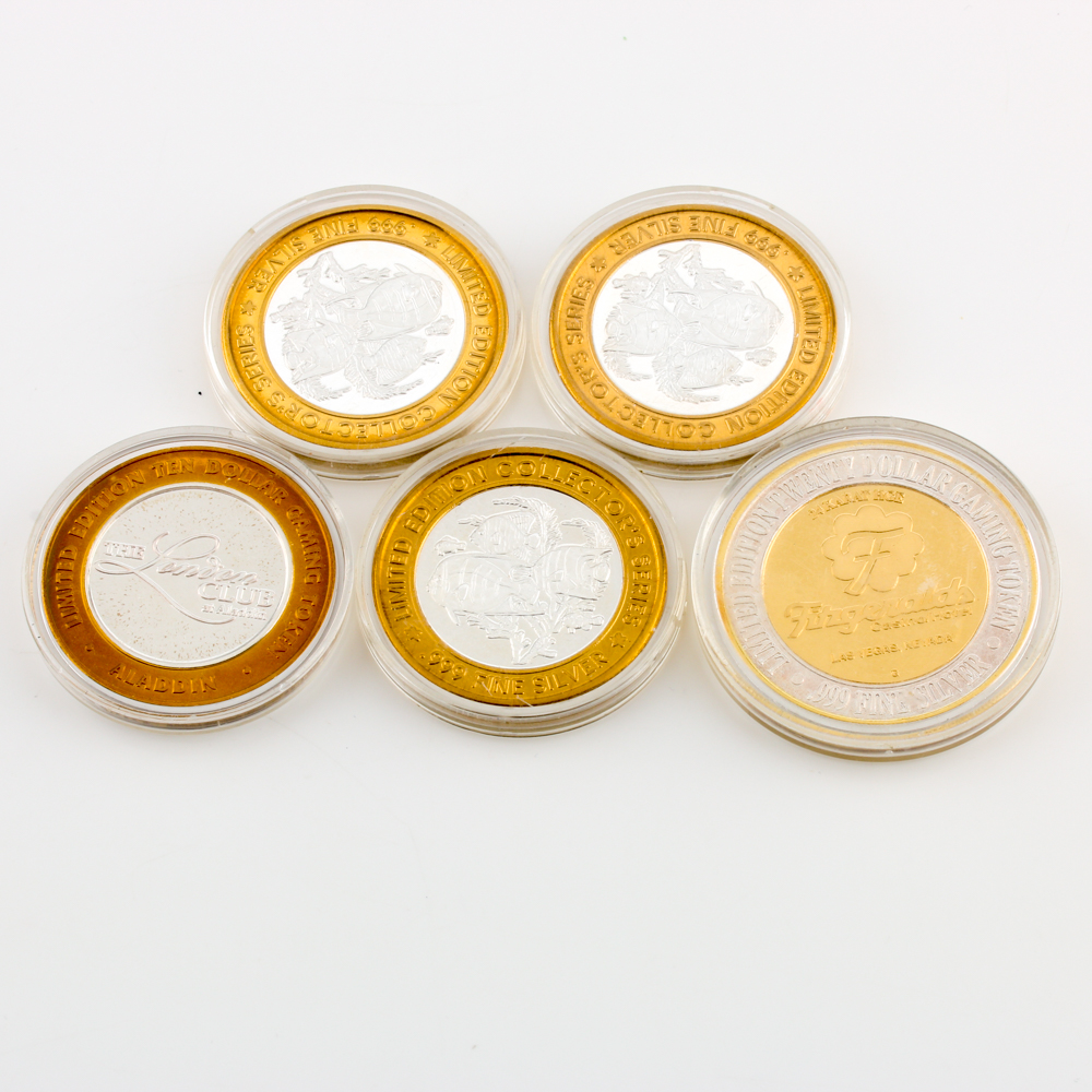 Five 999 Silver Casino Gaming Tokens