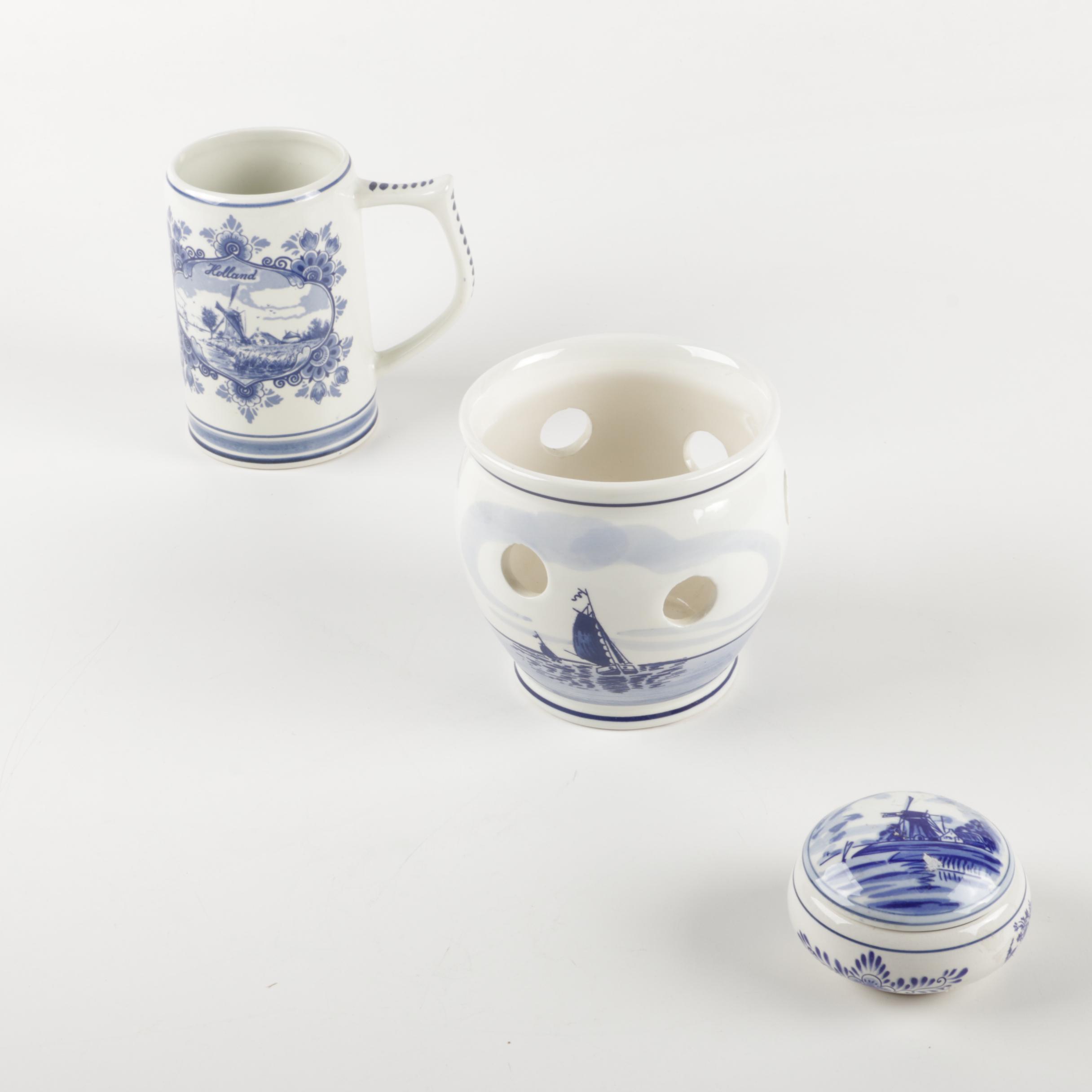 Delft Blue Windmill Ceramic Candle Holder, Mug and Trinket Box