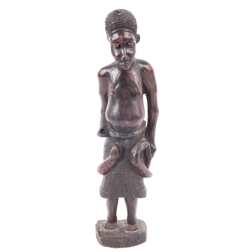 Carved Wood African Sculpture of a Female Figure with a Snake