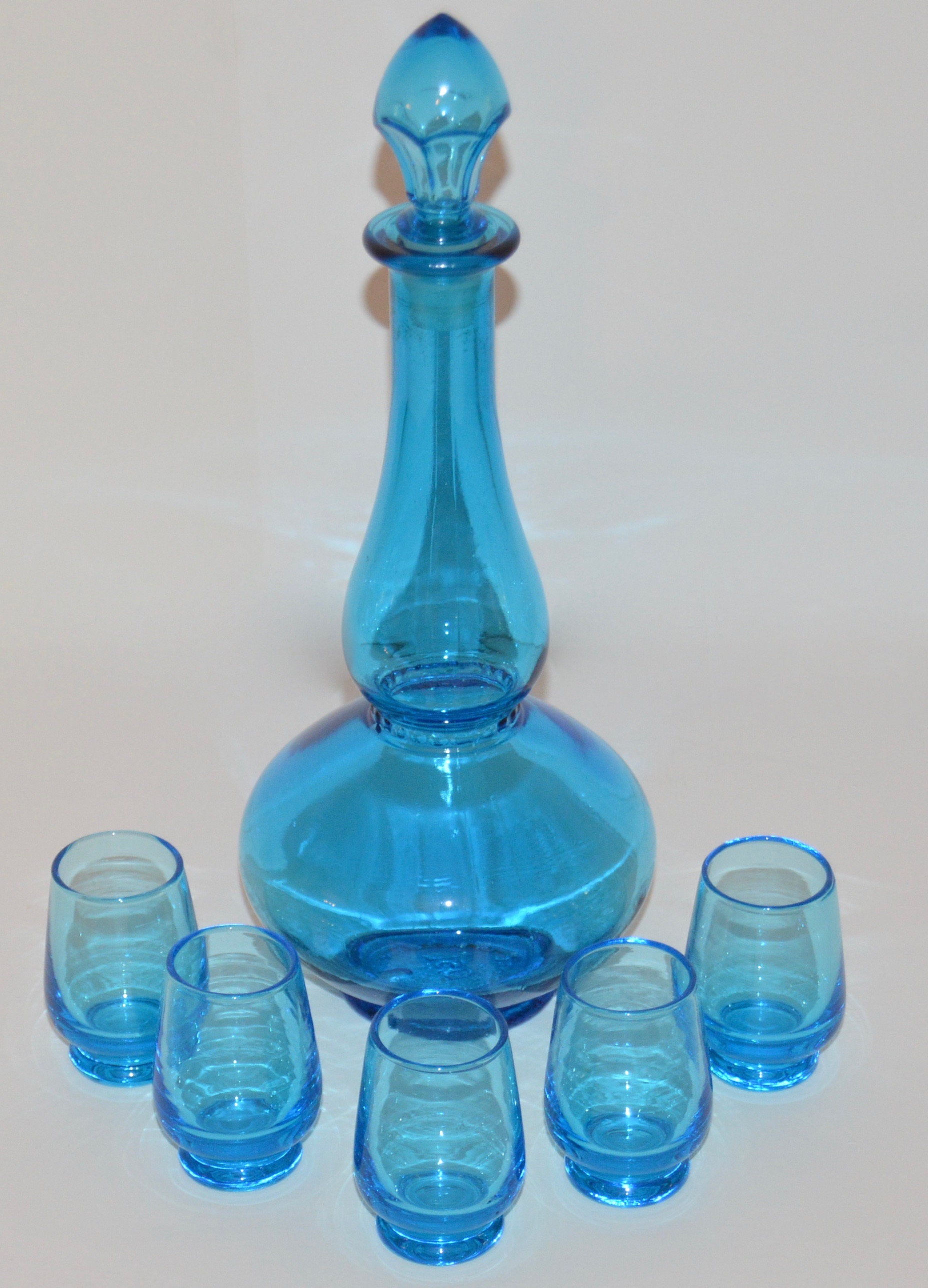 Vintage Blue Glass Liquor Decanters and Glasses