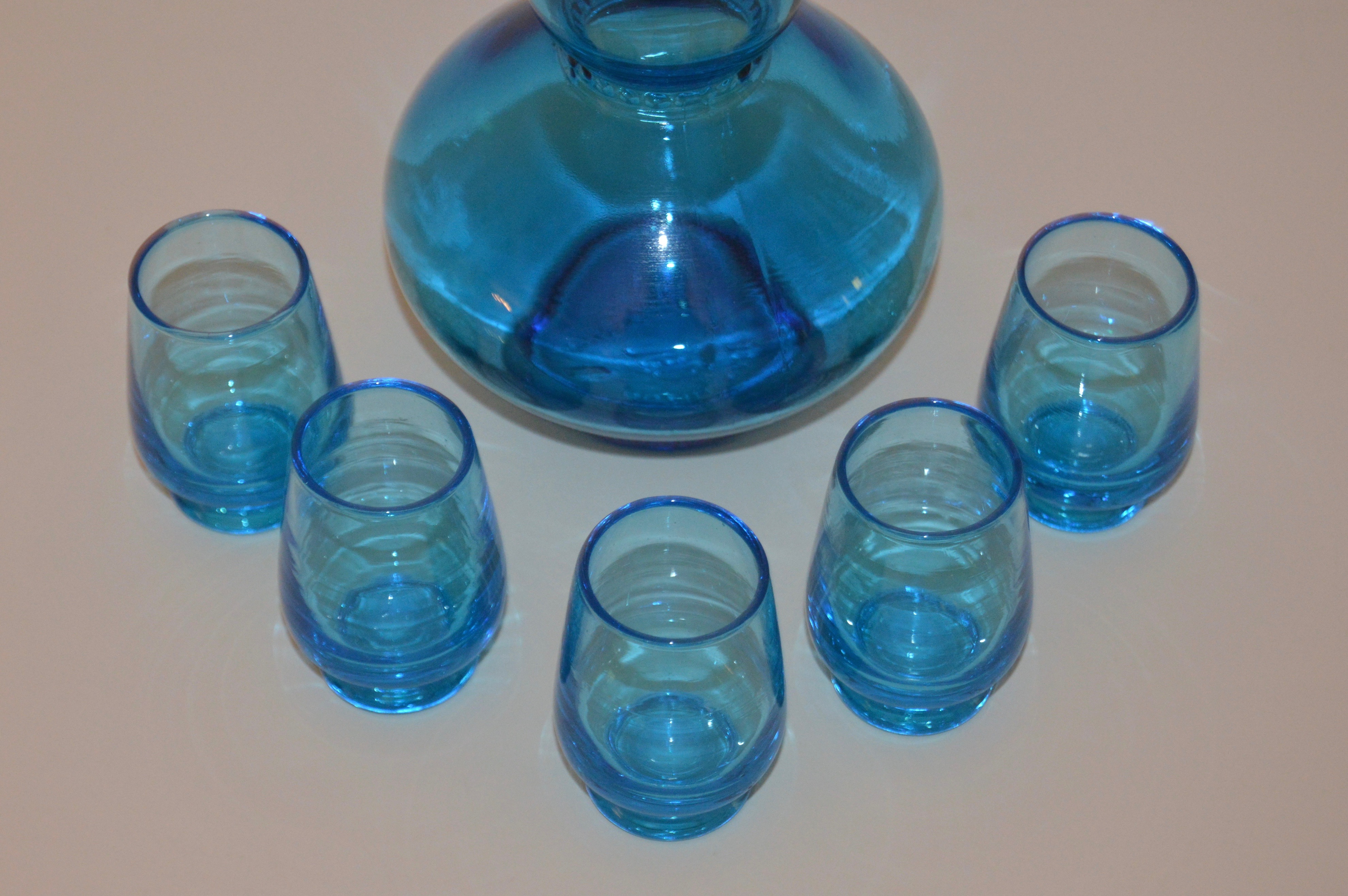 Vintage Blue Glass Liquor Decanters and Glasses