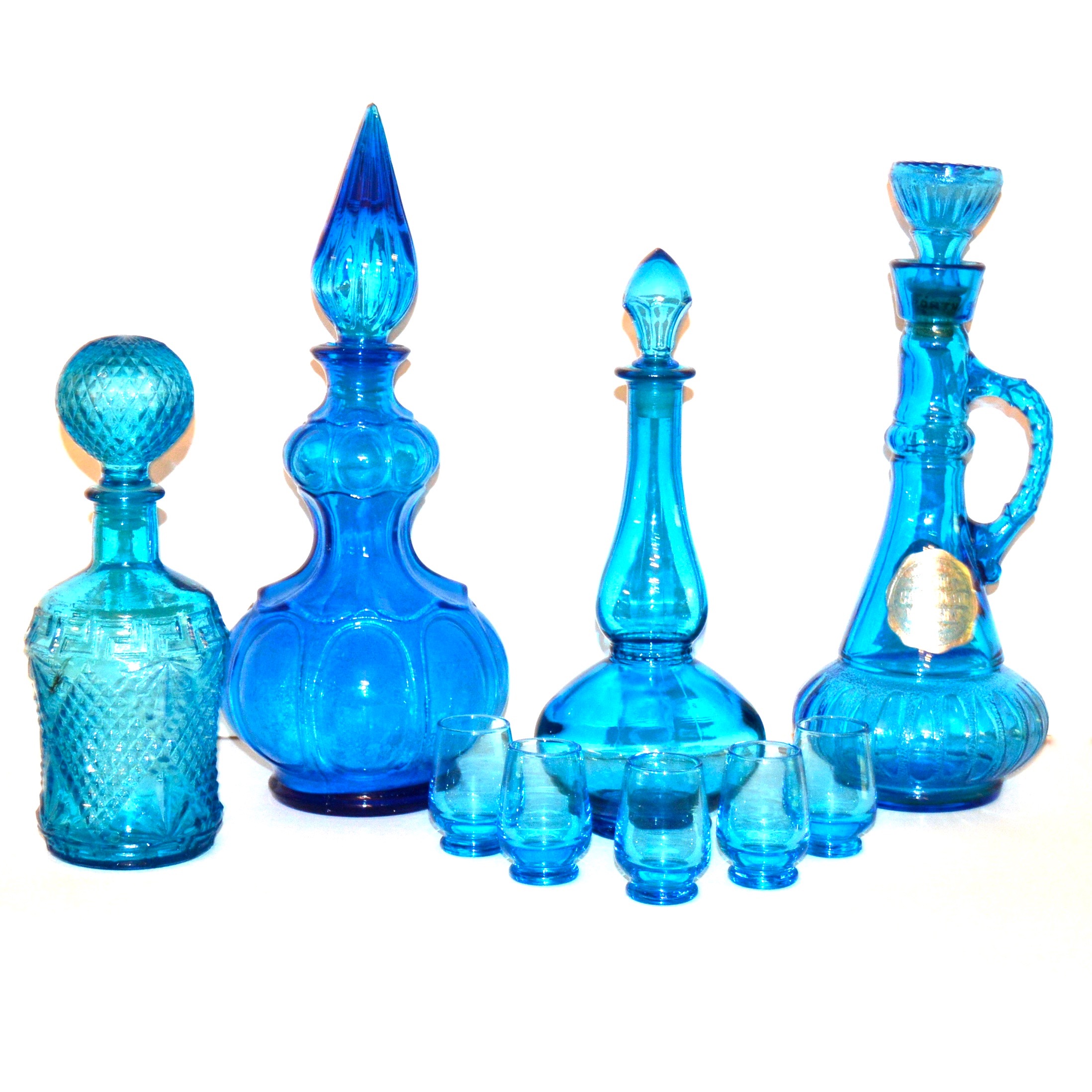 Vintage Blue Glass Liquor Decanters and Glasses