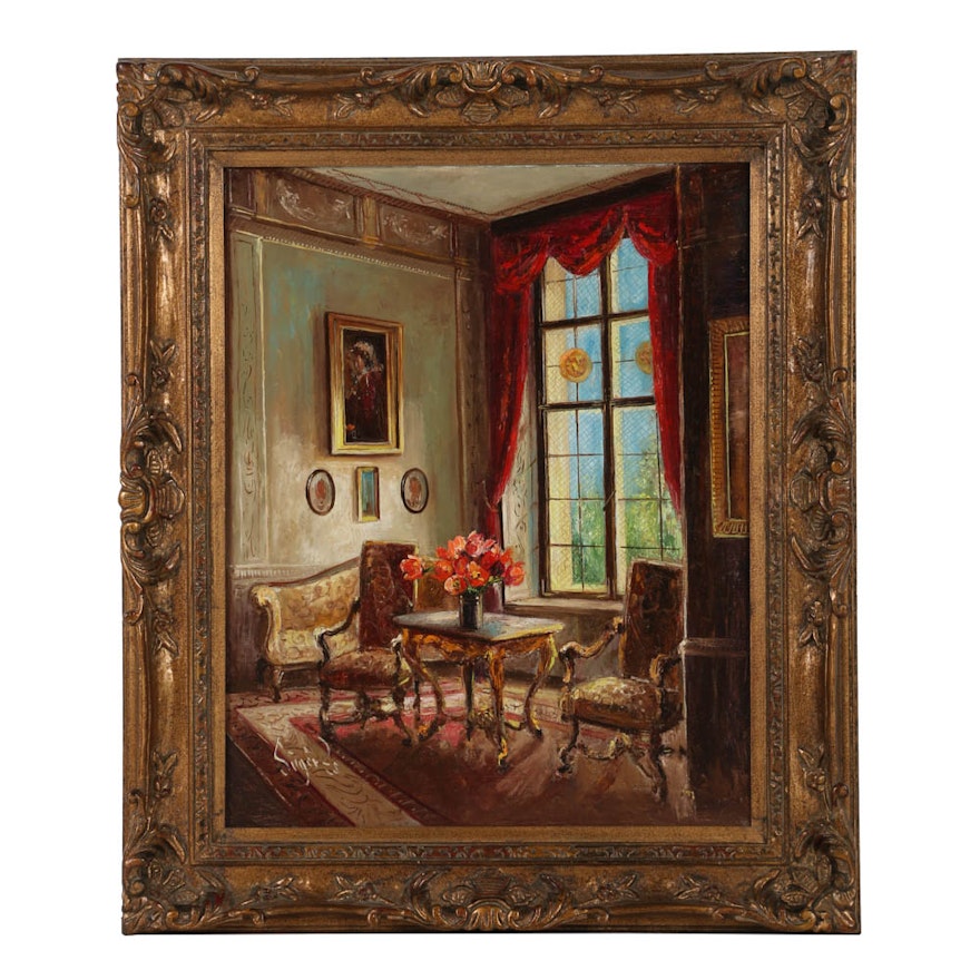 Suzanne Suger Oil Painting on Canvas of an Interior Roomscape