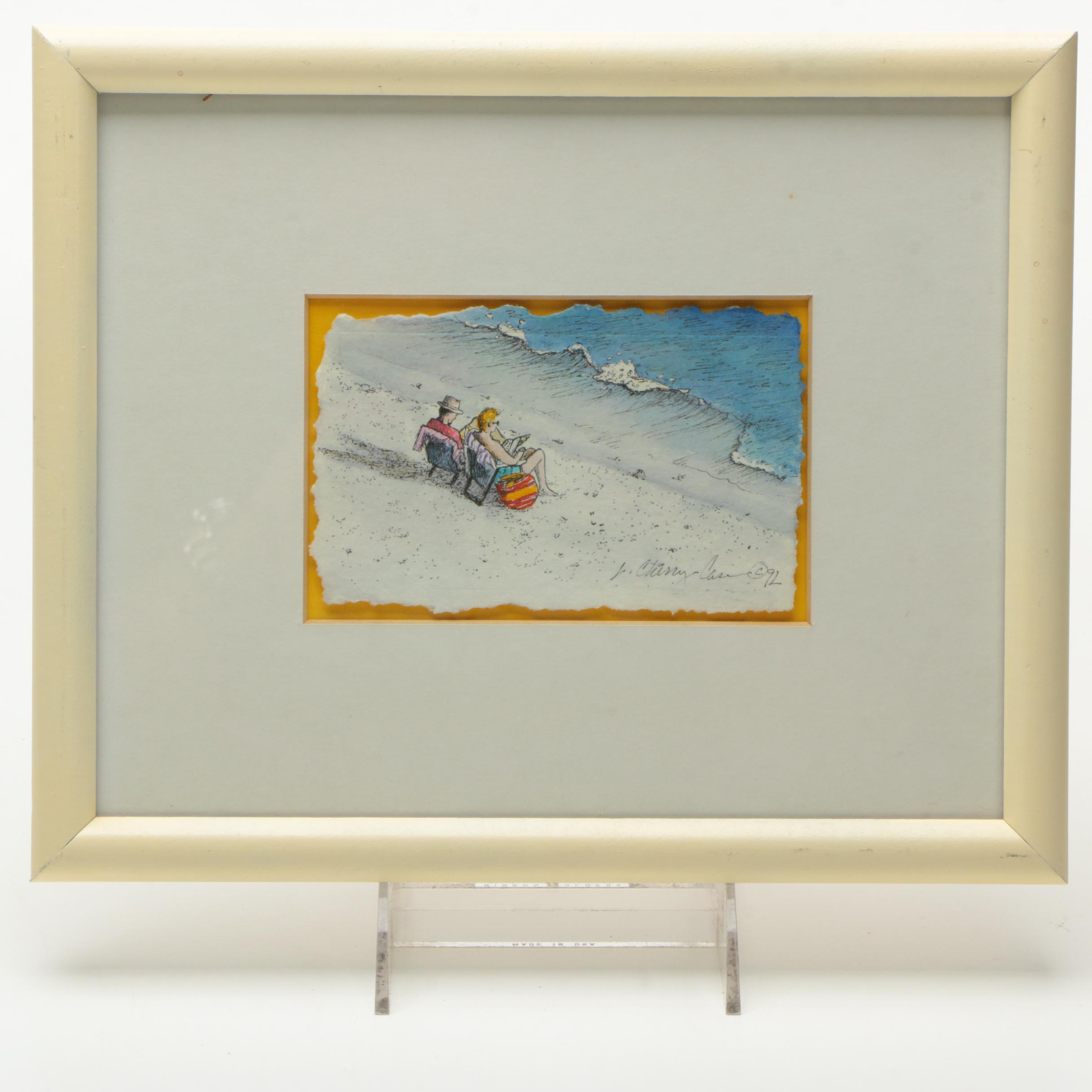 J. Cherry Case Ink Drawing of Figures Reading on a Beach
