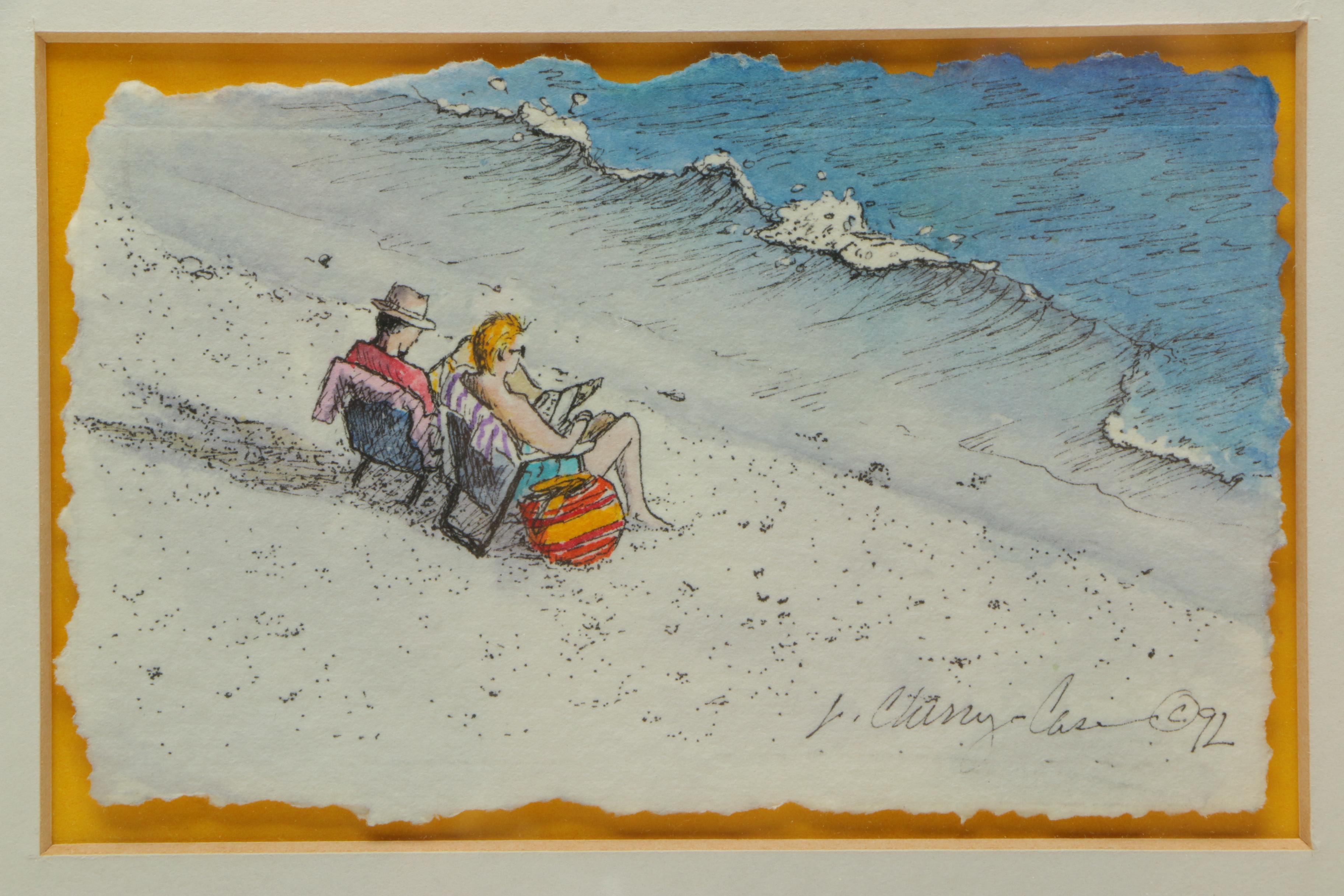 J. Cherry Case Ink Drawing of Figures Reading on a Beach