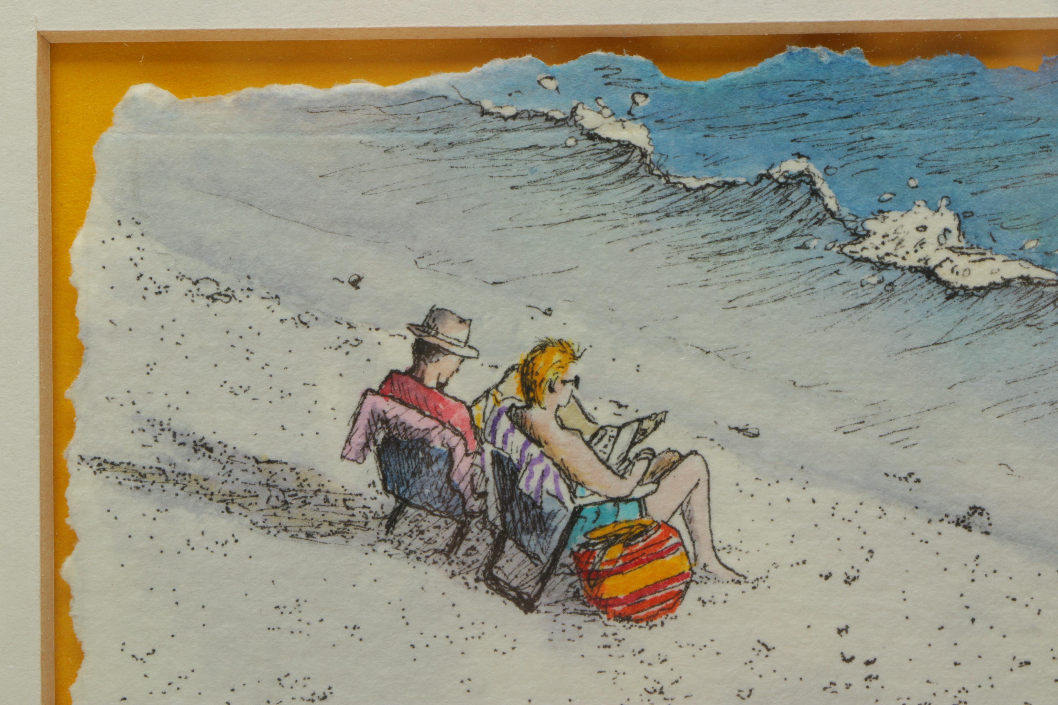 J. Cherry Case Ink Drawing of Figures Reading on a Beach