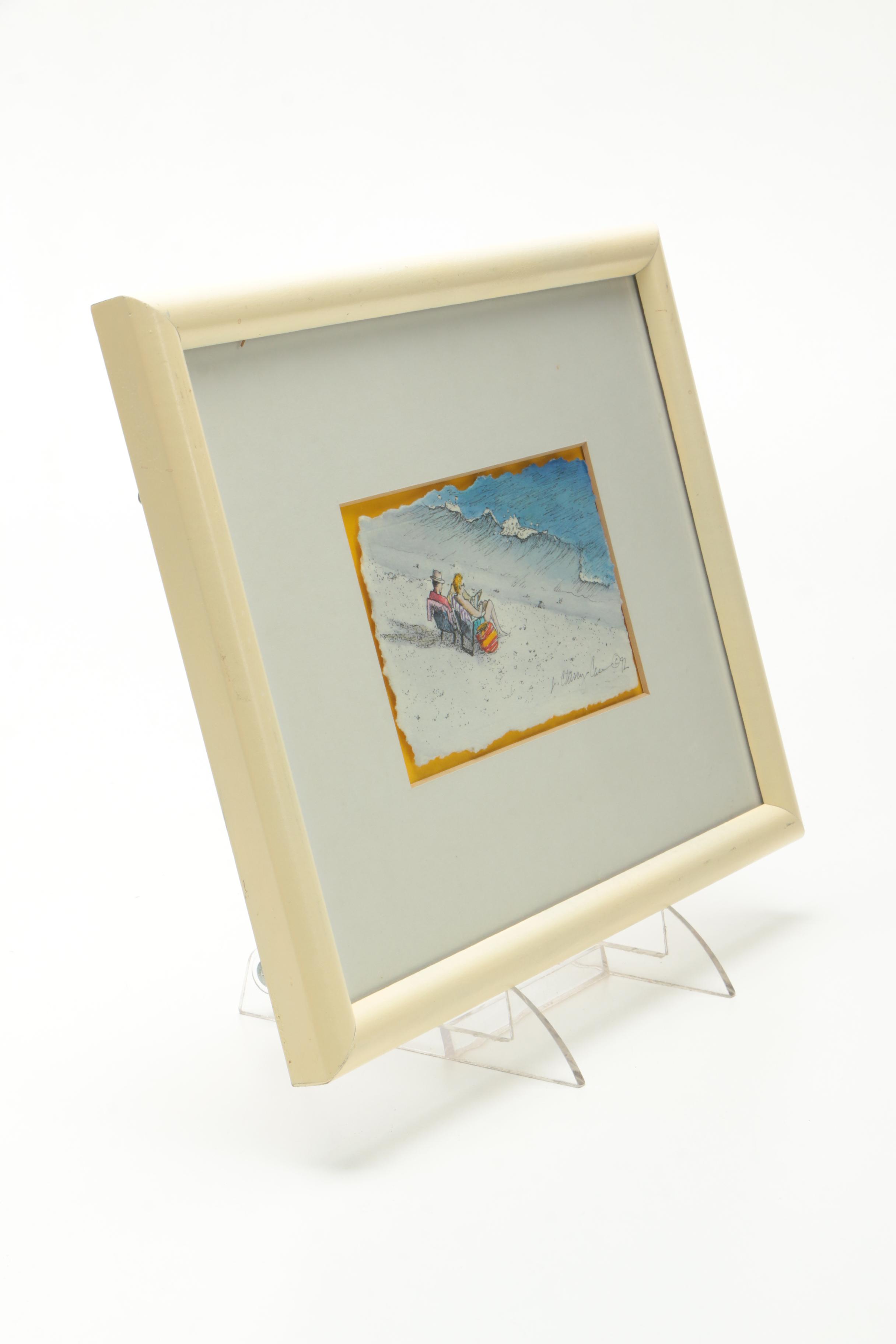 J. Cherry Case Ink Drawing of Figures Reading on a Beach